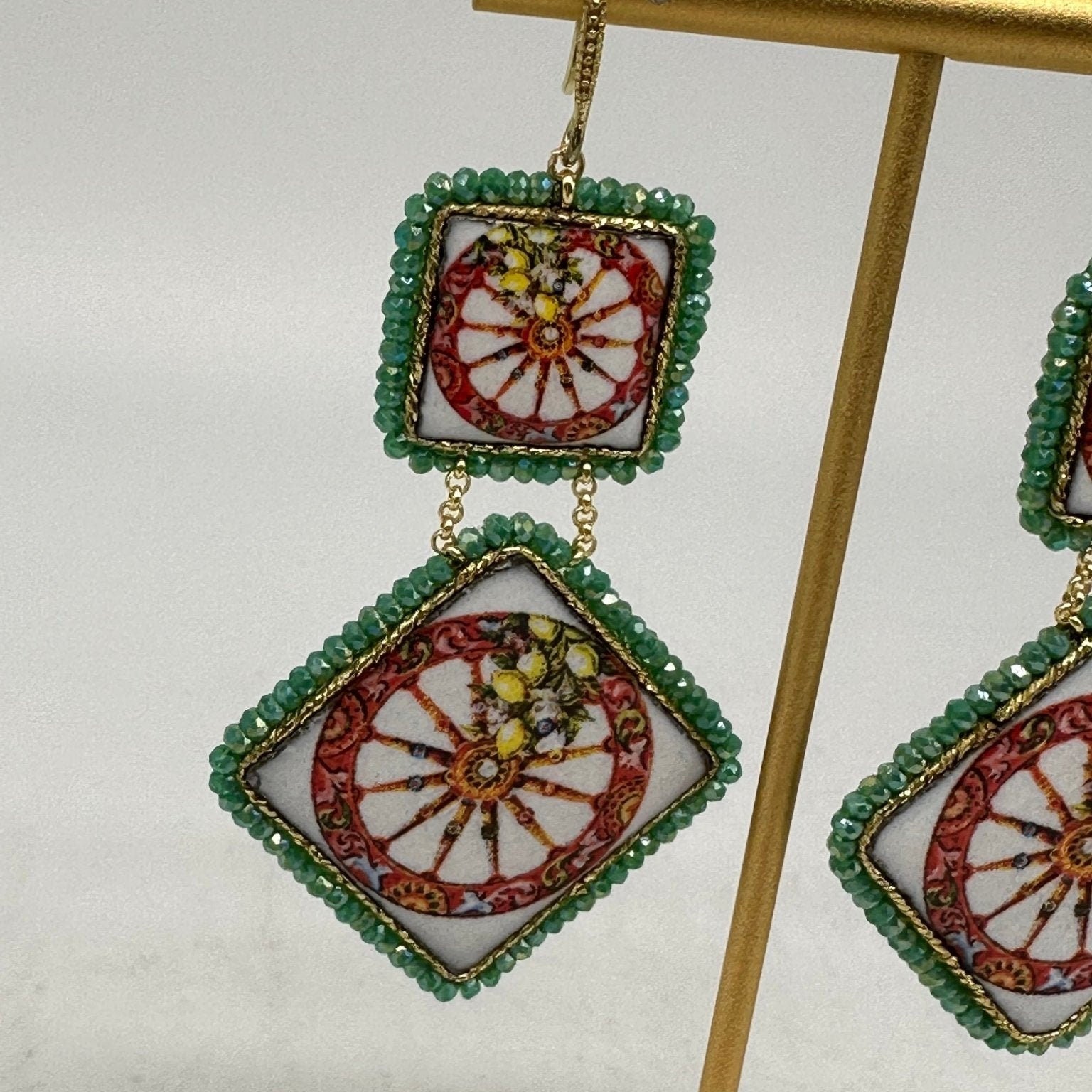 Orecchini Piastrella Ceramica di Caltagirone, cornice verde - DD CERAMICHE SICILIANE