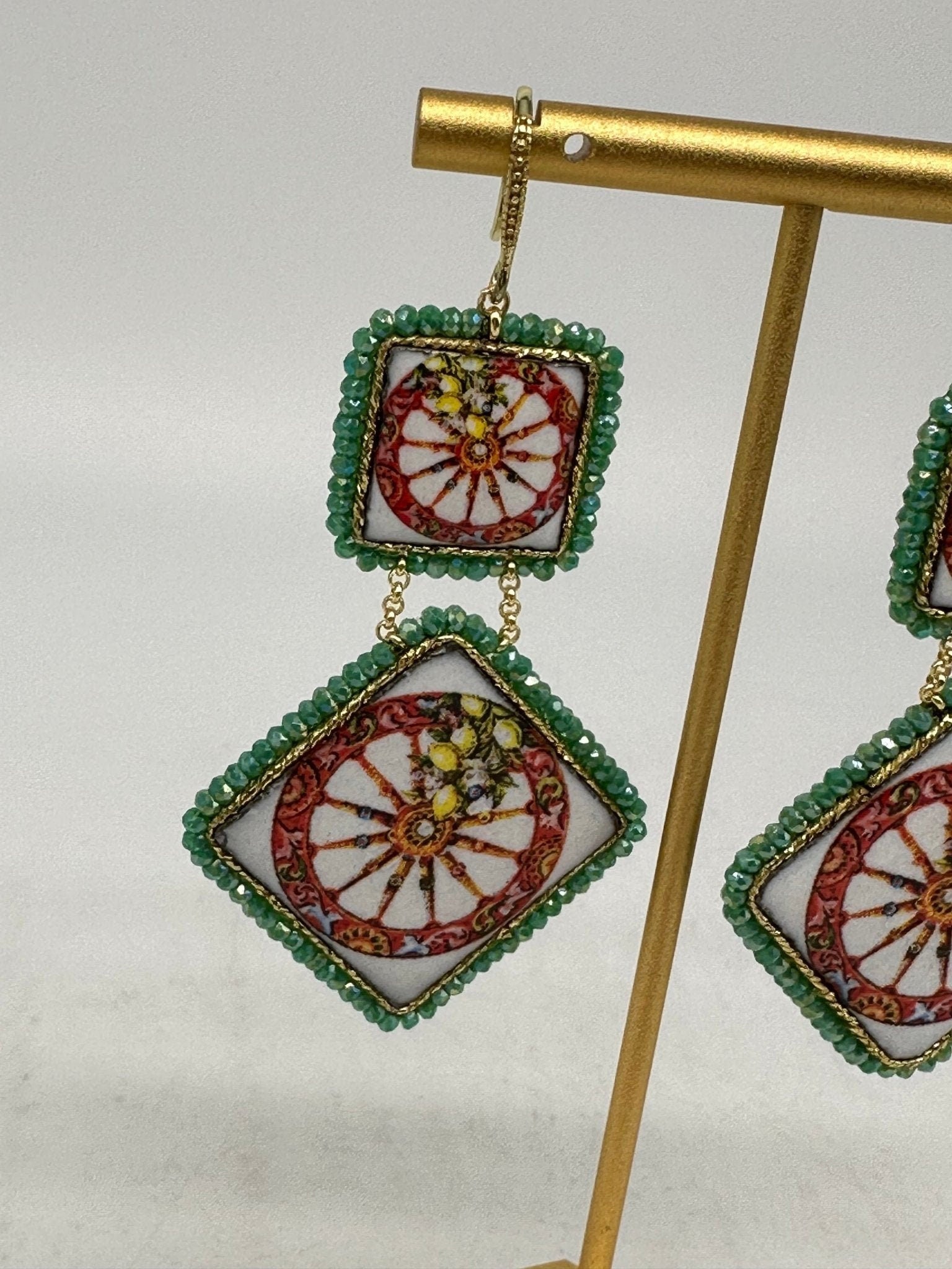 Orecchini Piastrella Ceramica di Caltagirone, cornice verde - DD CERAMICHE SICILIANE
