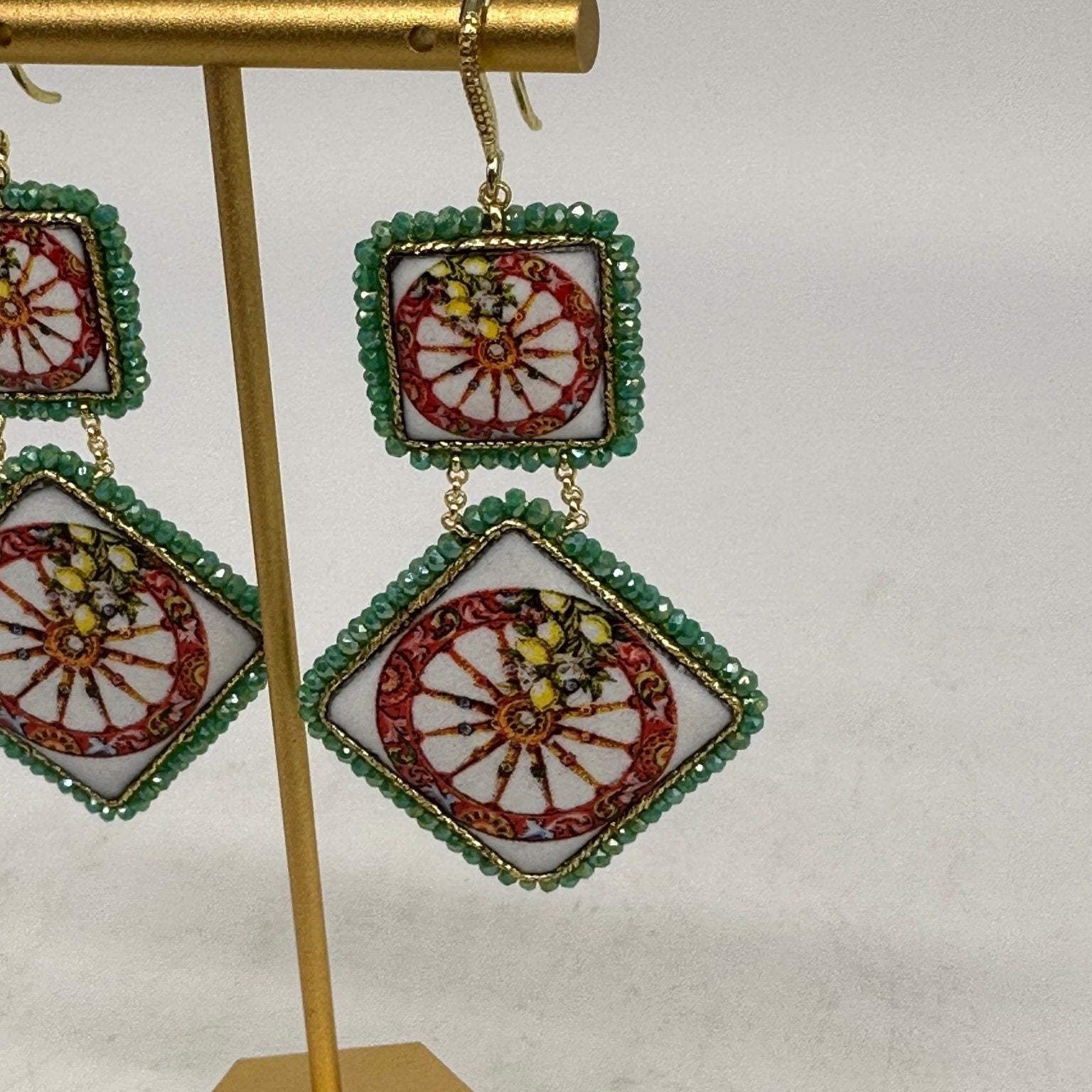 Orecchini Piastrella Ceramica di Caltagirone, cornice verde - DD CERAMICHE SICILIANE