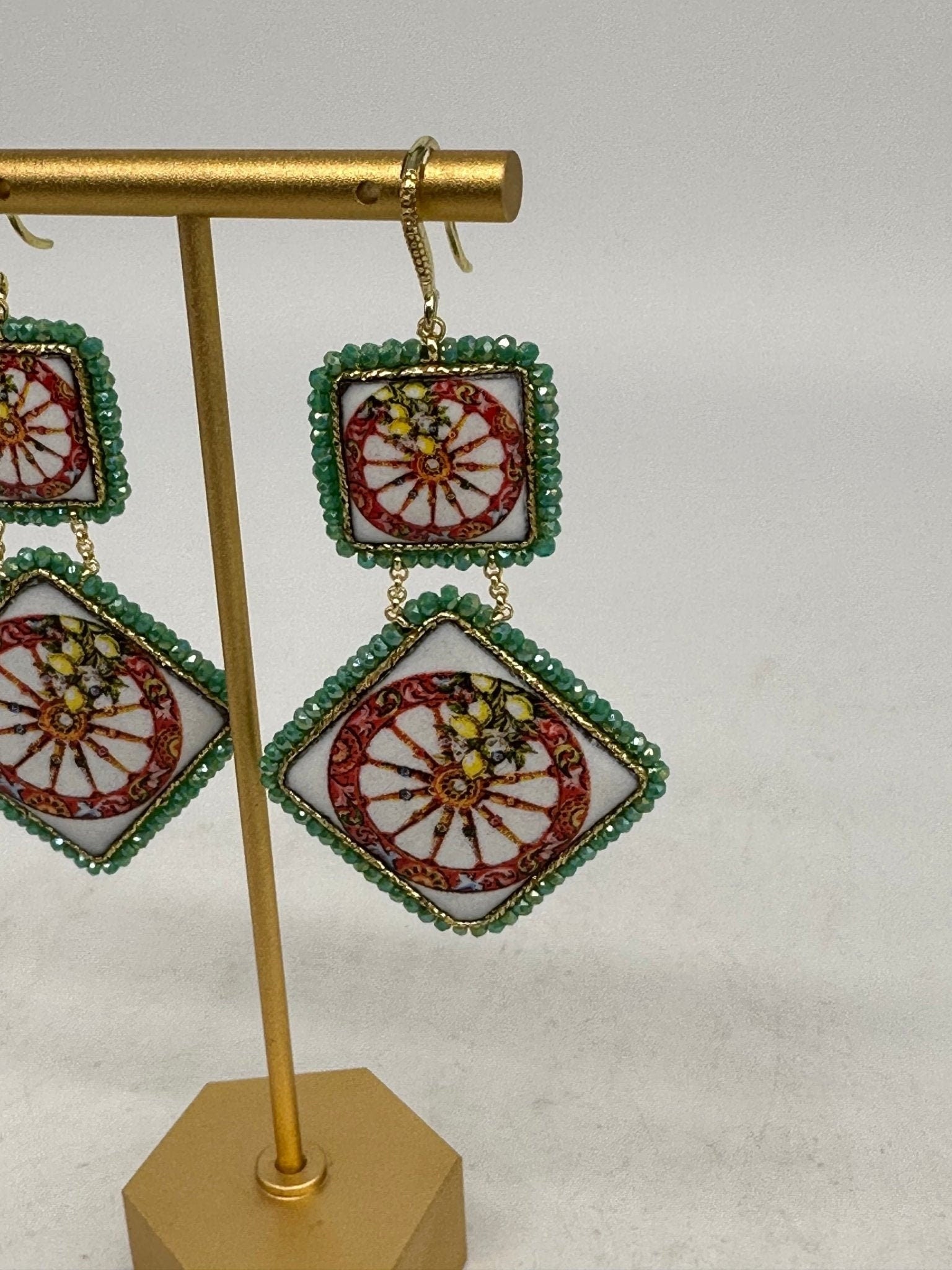 Orecchini Piastrella Ceramica di Caltagirone, cornice verde - DD CERAMICHE SICILIANE