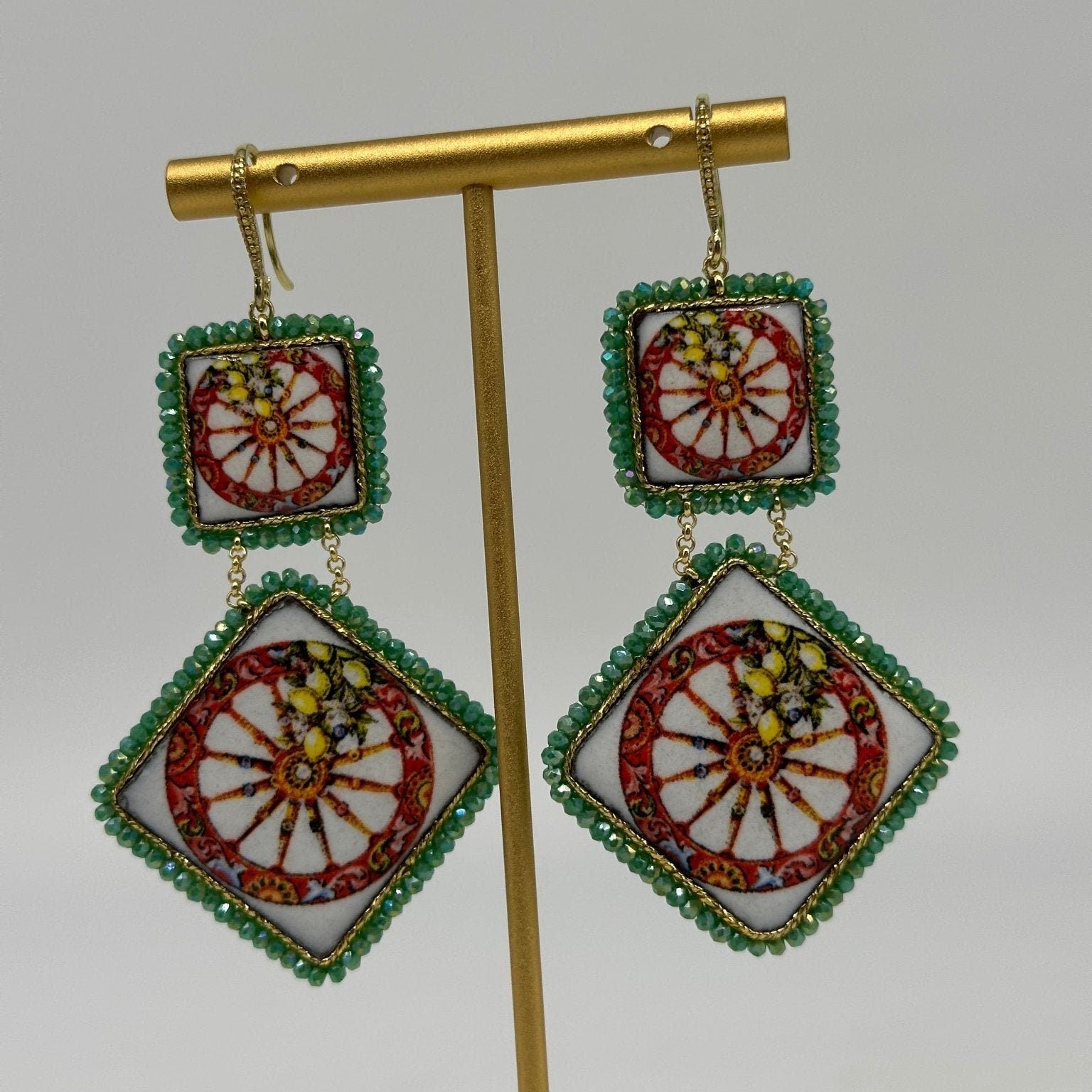 Orecchini Piastrella Ceramica di Caltagirone, cornice verde - DD CERAMICHE SICILIANE