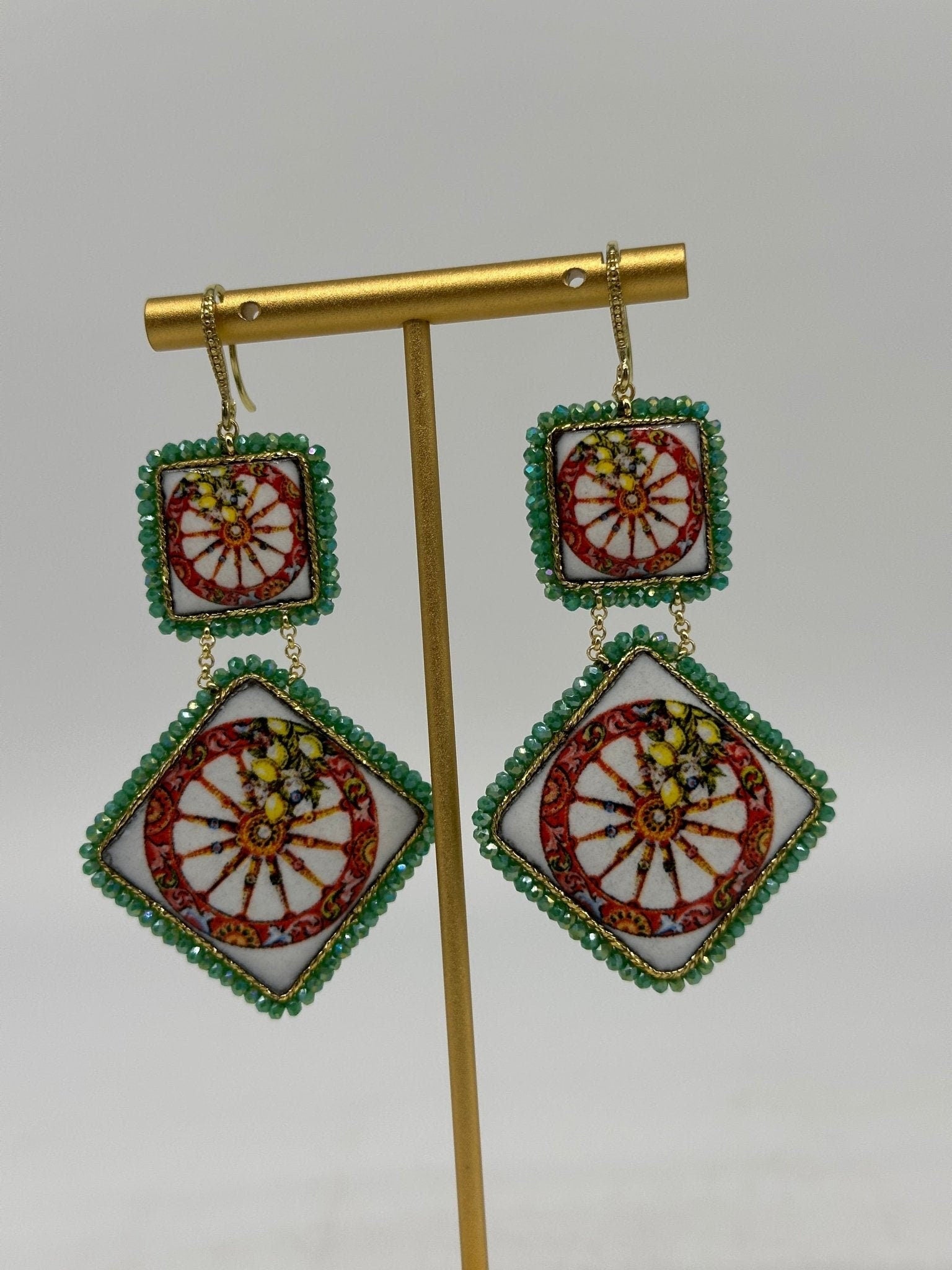 Orecchini Piastrella Ceramica di Caltagirone, cornice verde - DD CERAMICHE SICILIANE