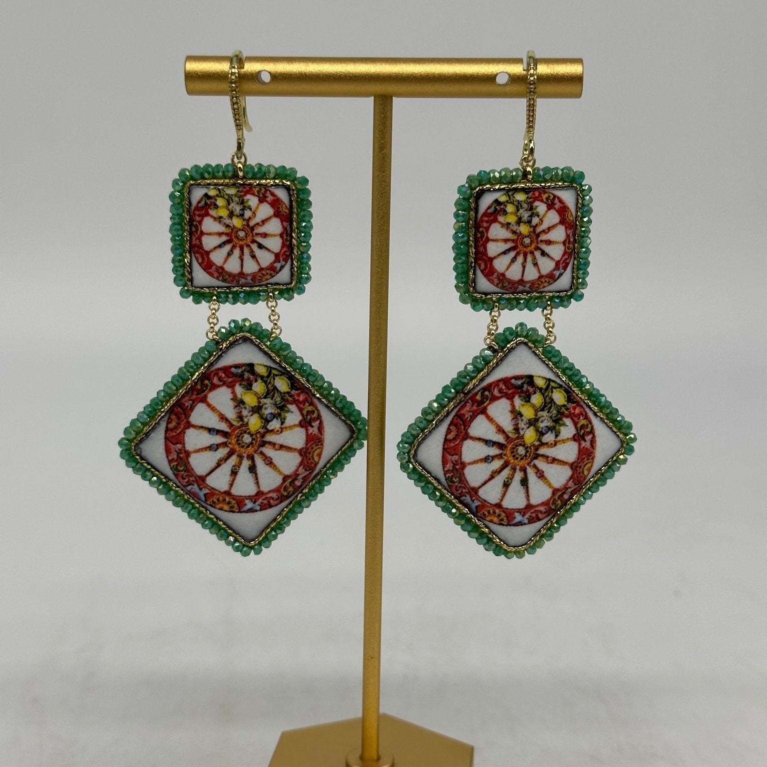 Orecchini Piastrella Ceramica di Caltagirone, cornice verde - DD CERAMICHE SICILIANE