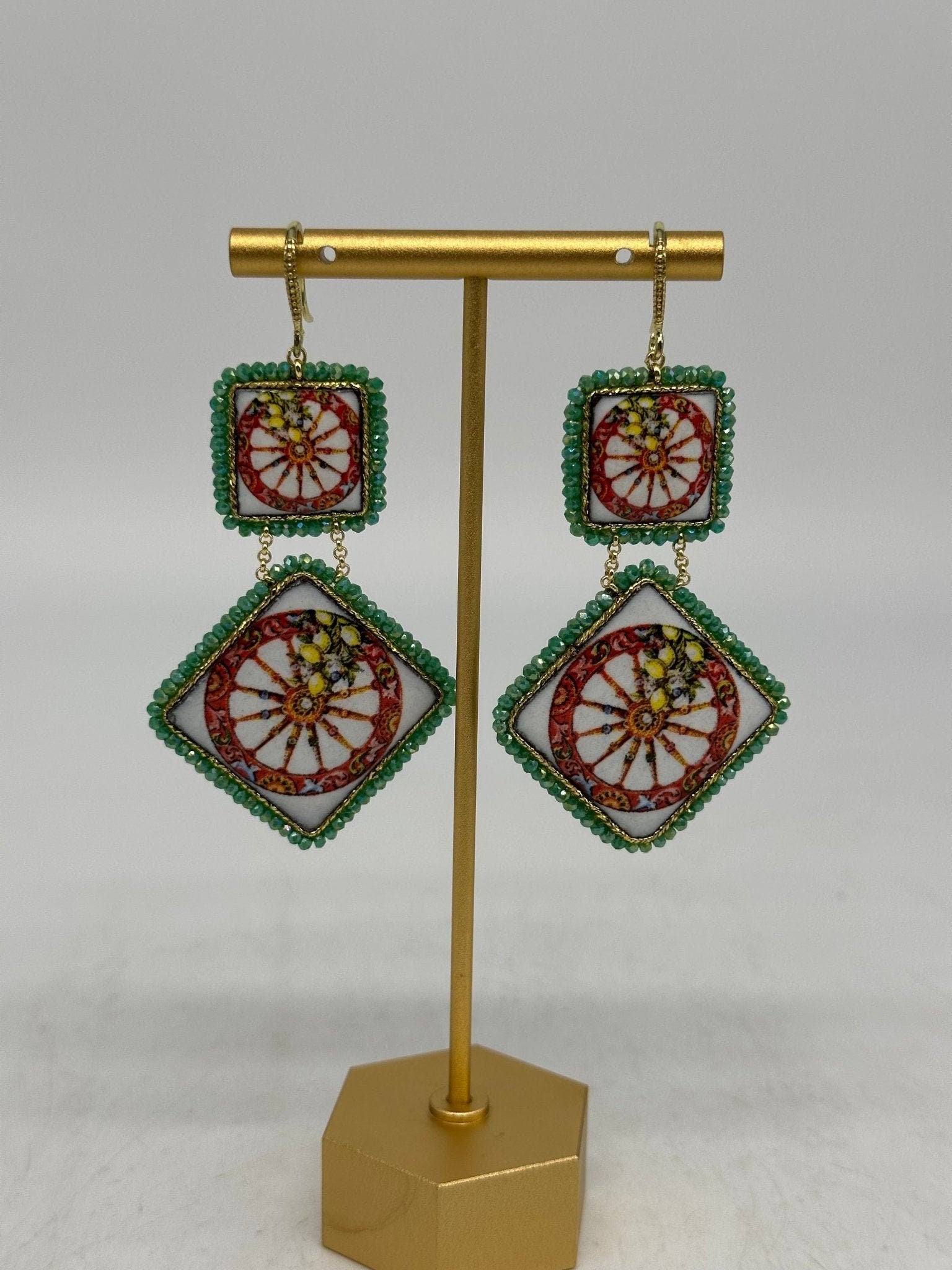 Orecchini Piastrella Ceramica di Caltagirone, cornice verde - DD CERAMICHE SICILIANE