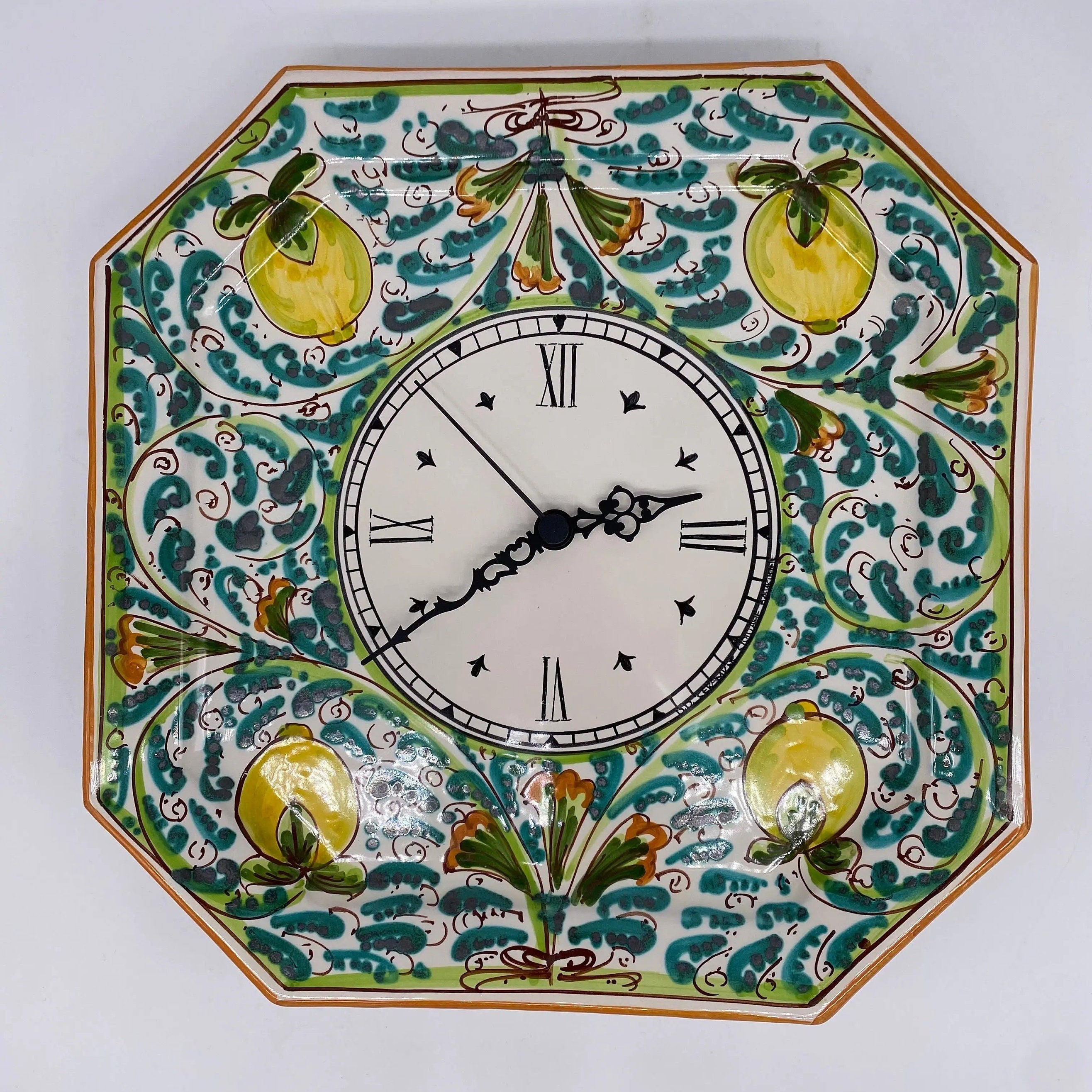 Orologio da Parete Ceramica Caltagirone Ottagonale dipinto a mano cm 32 Decoro n.3 DD CERAMICHE SICILIANE