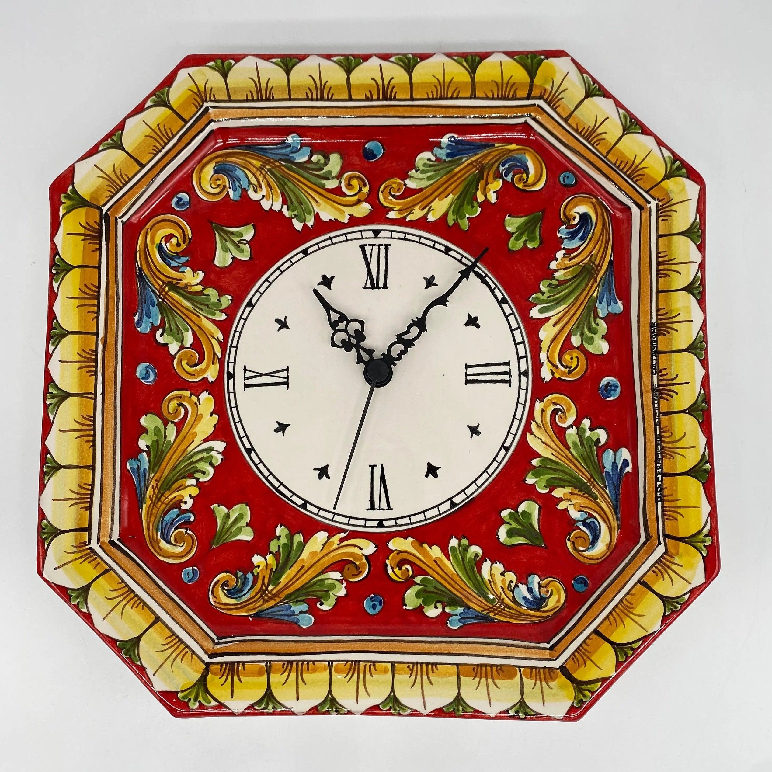 Orologio da Parete Ceramica Caltagirone Ottagonale dipinto a mano cm 32 Decoro n.1 DD CERAMICHE SICILIANE