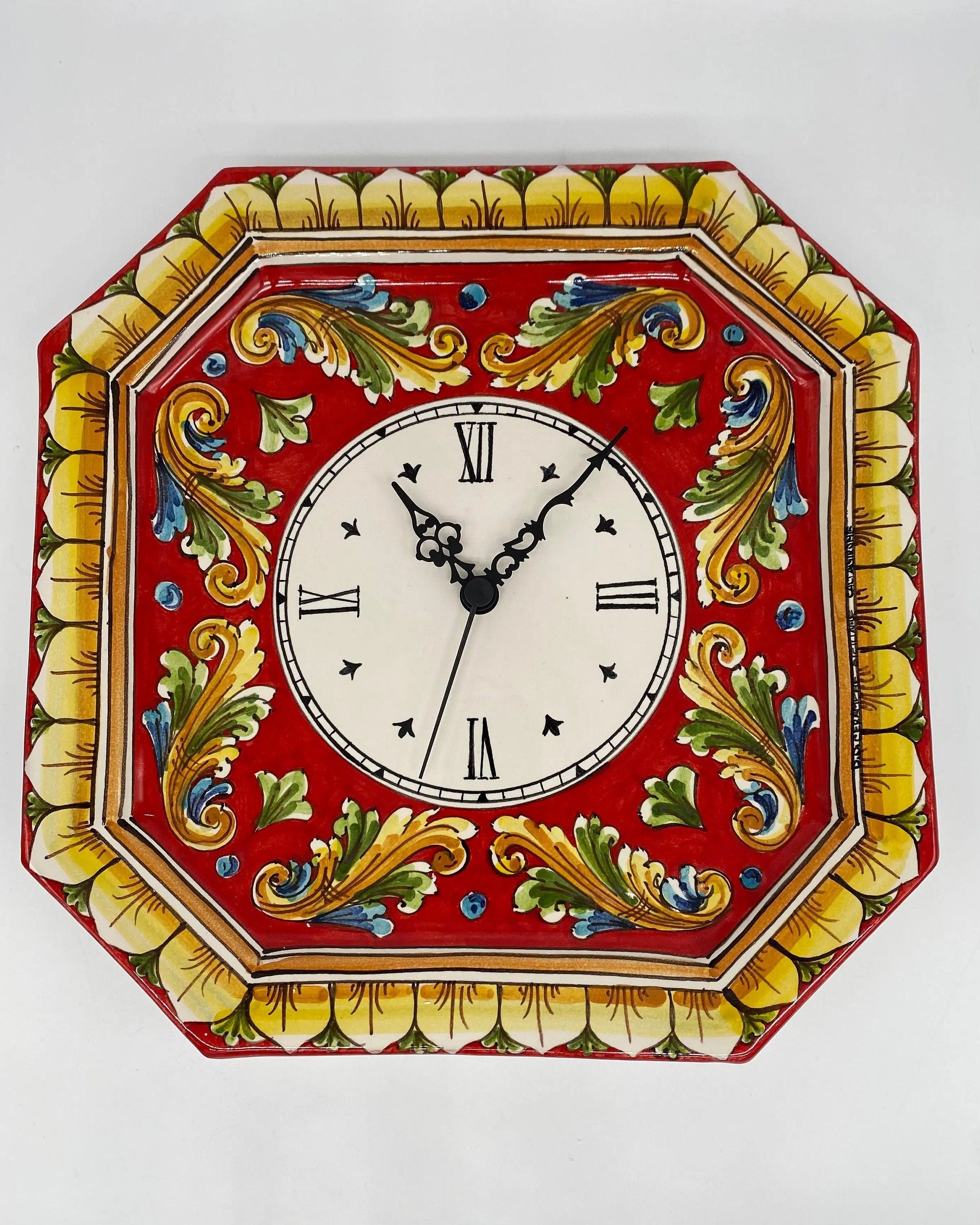 Orologio da Parete Ceramica Caltagirone Ottagonale dipinto a mano cm 32 Decoro n.1 DD CERAMICHE SICILIANE