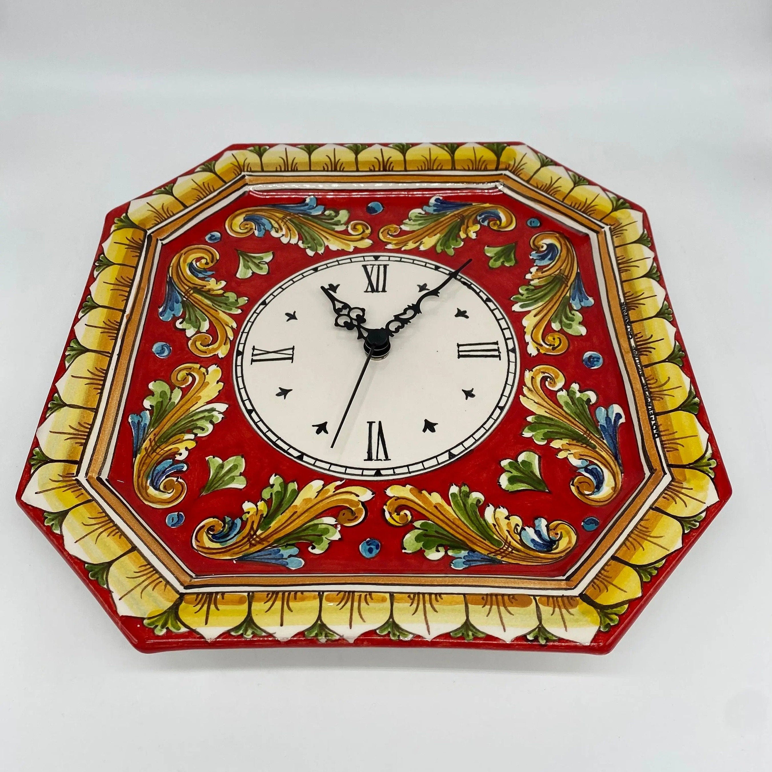 Orologio da Parete Ceramica Caltagirone Ottagonale dipinto a mano cm 32 Decoro n.1 DD CERAMICHE SICILIANE