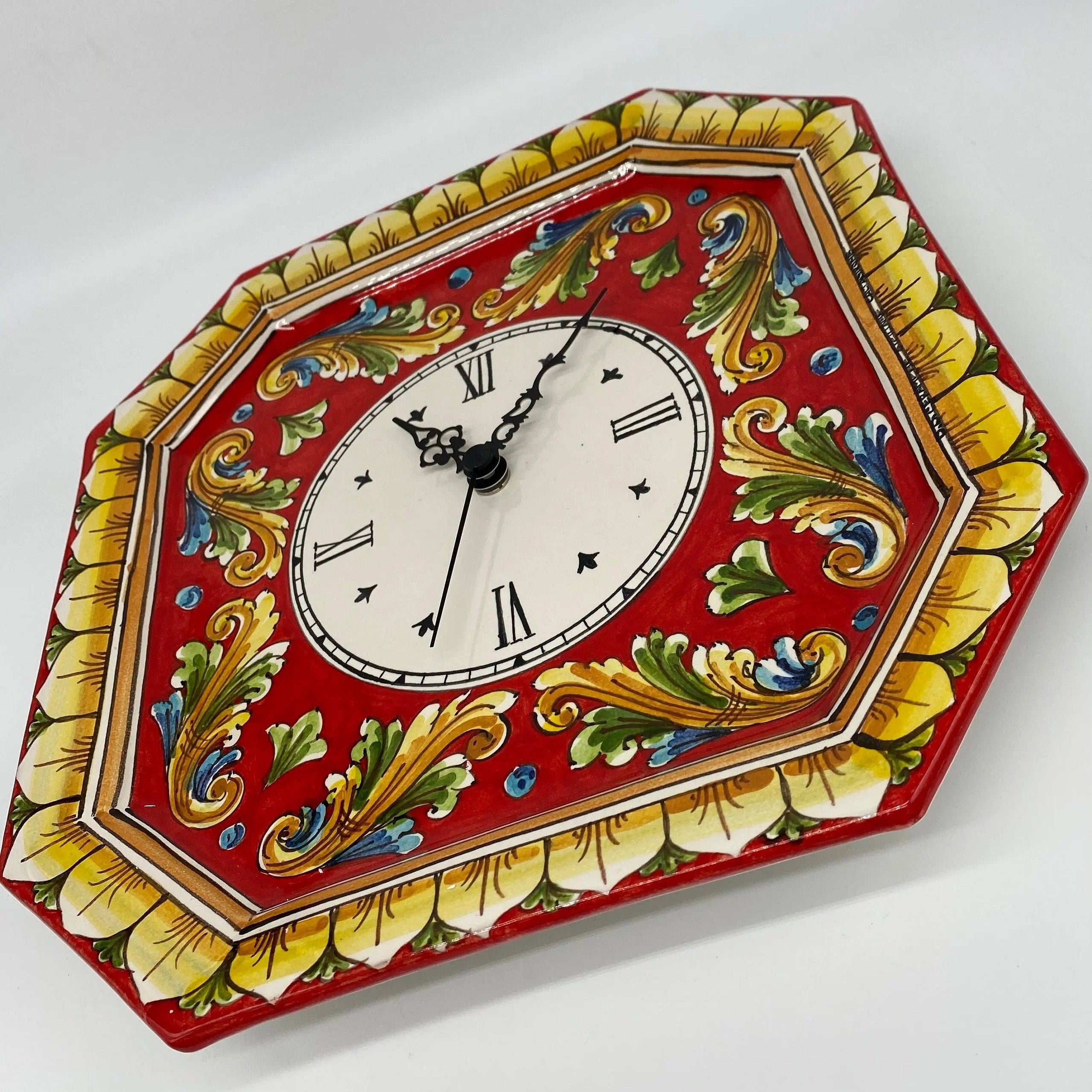 Orologio da Parete Ceramica Caltagirone Ottagonale dipinto a mano cm 32 Decoro n.1 DD CERAMICHE SICILIANE