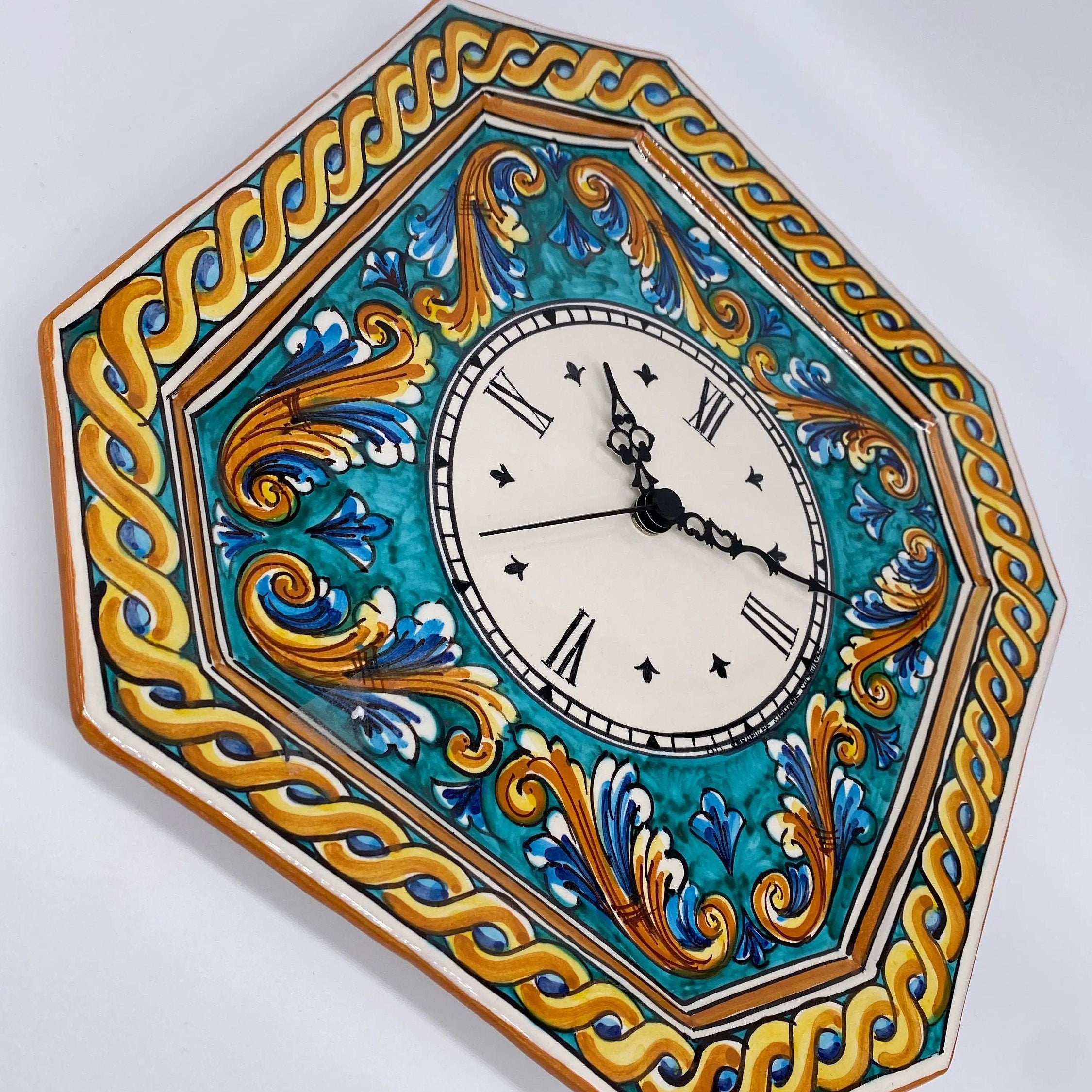 Orologio da Parete Ceramica Caltagirone Ottagonale dipinto a mano cm 32 Decoro n.4 DD CERAMICHE SICILIANE