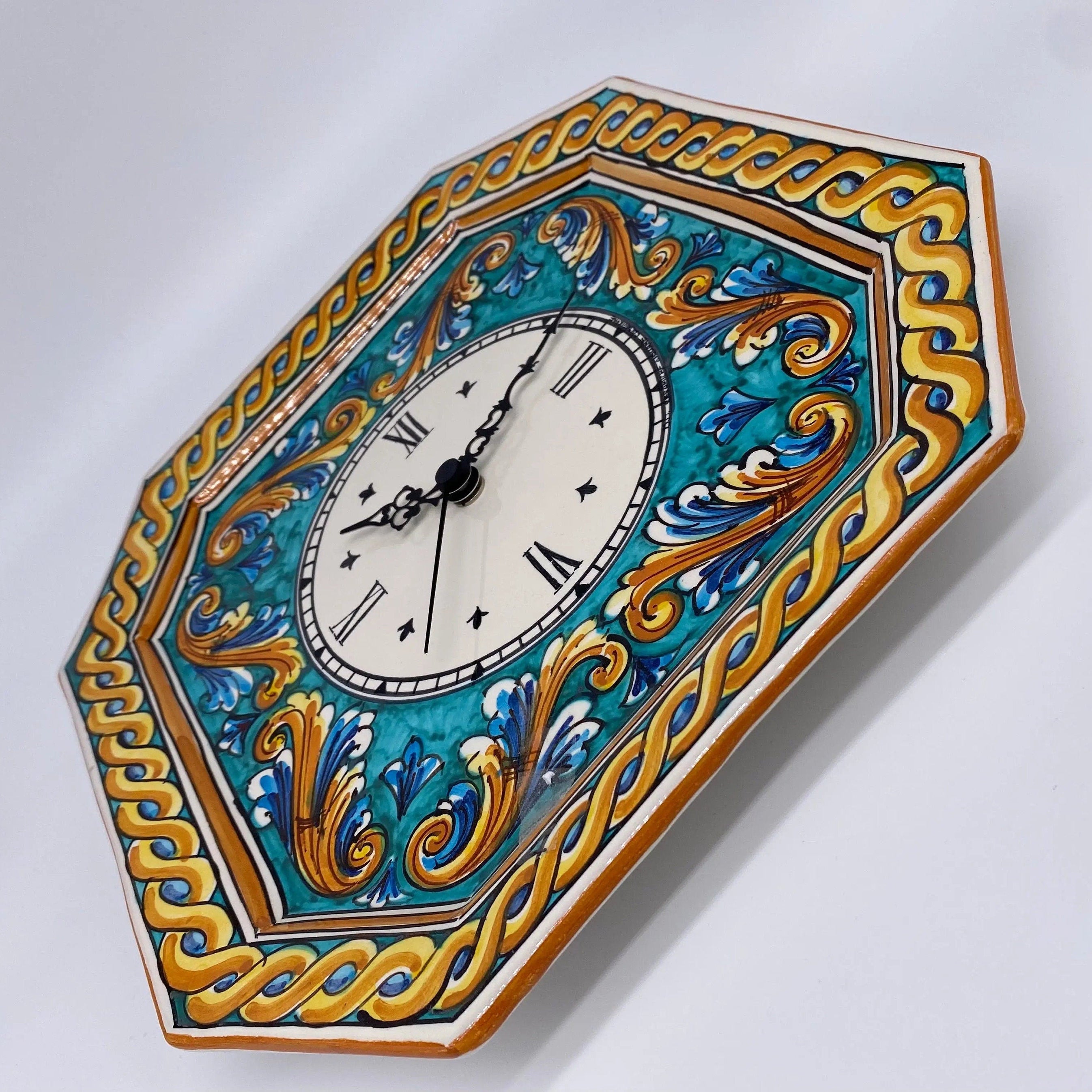 Orologio da Parete Ceramica Caltagirone Ottagonale dipinto a mano cm 32 Decoro n.4 DD CERAMICHE SICILIANE