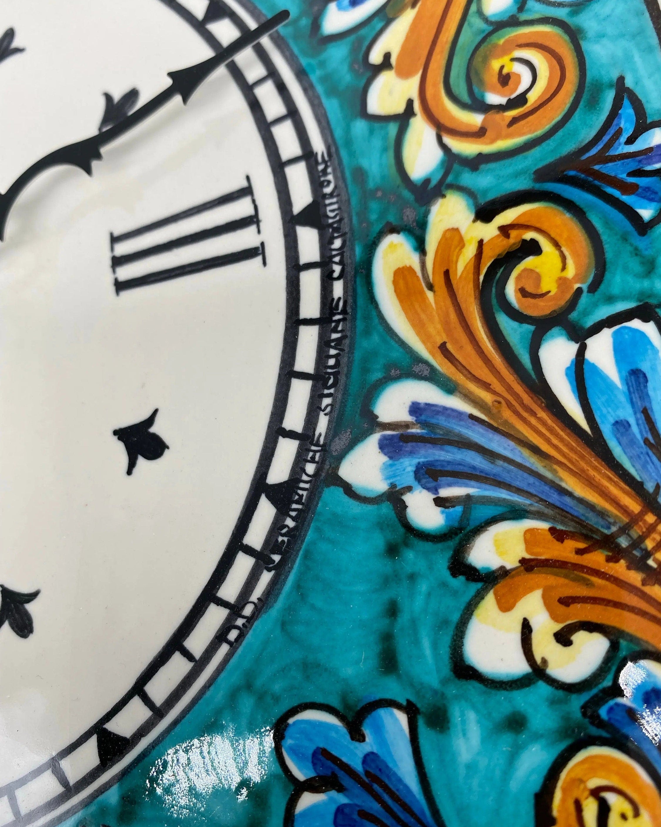 Orologio da Parete Ceramica Caltagirone Ottagonale dipinto a mano cm 32 Decoro n.4 DD CERAMICHE SICILIANE