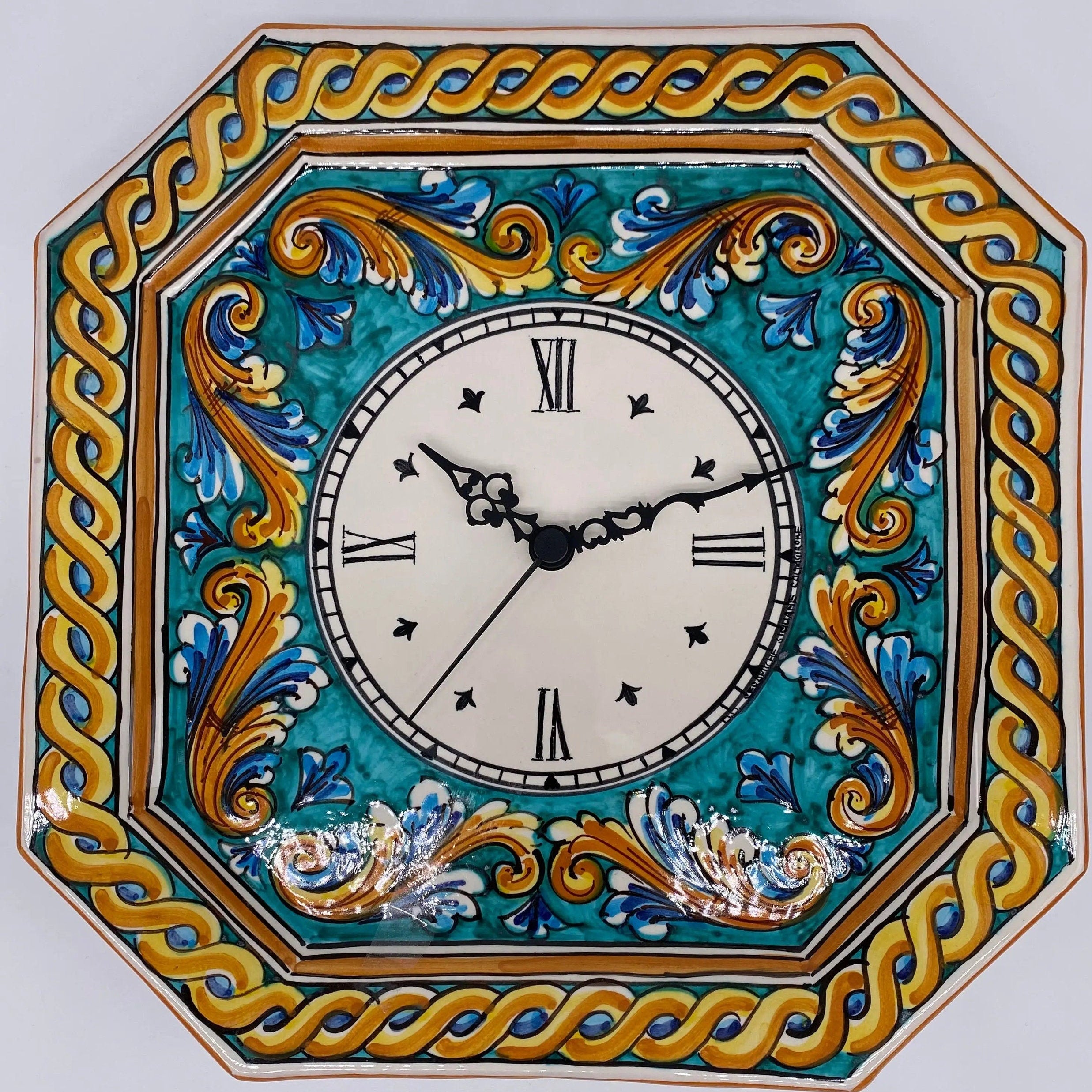 Orologio da Parete Ceramica Caltagirone Ottagonale dipinto a mano cm 32 Decoro n.4 DD CERAMICHE SICILIANE