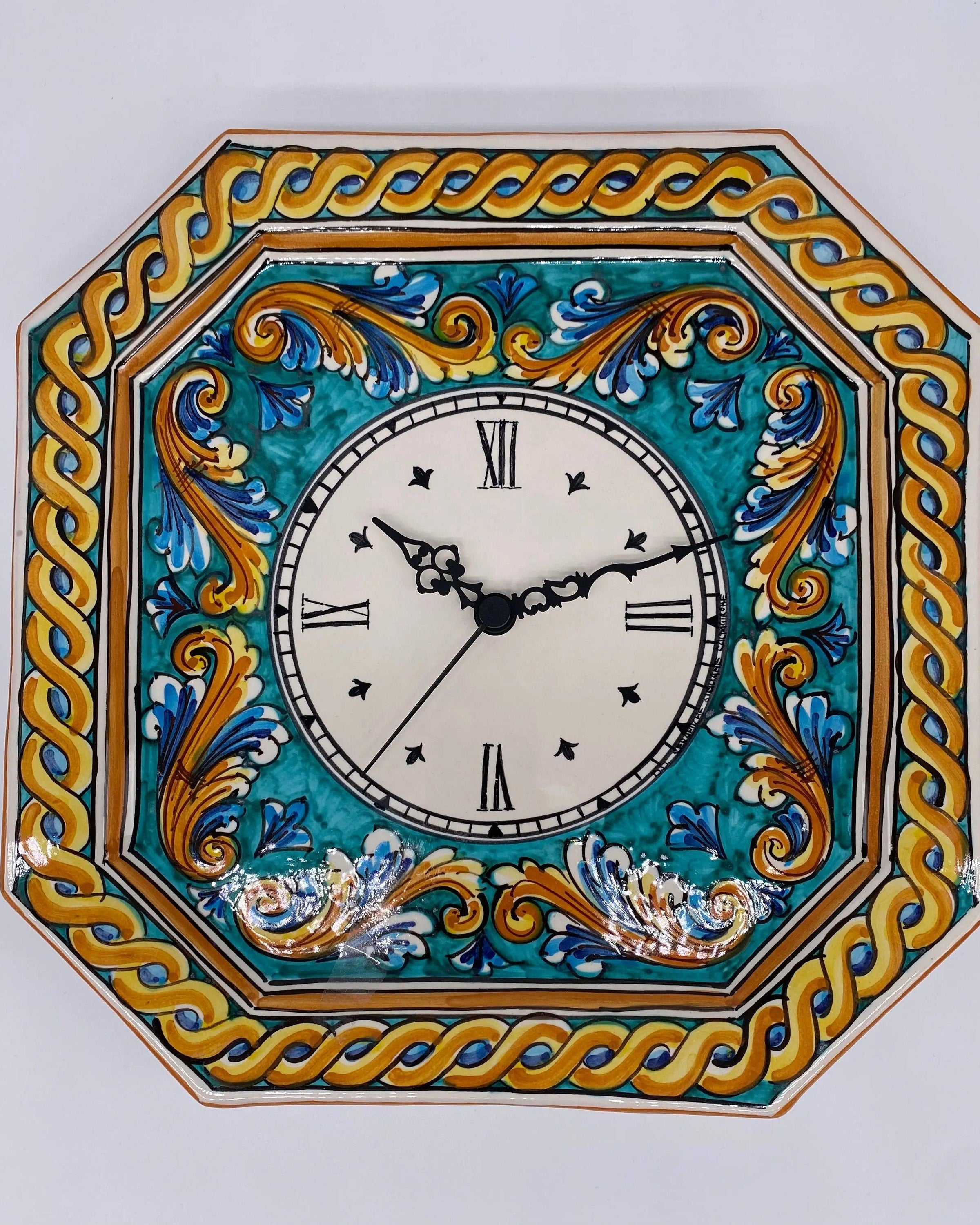 Orologio da Parete Ceramica Caltagirone Ottagonale dipinto a mano cm 32 Decoro n.4 DD CERAMICHE SICILIANE