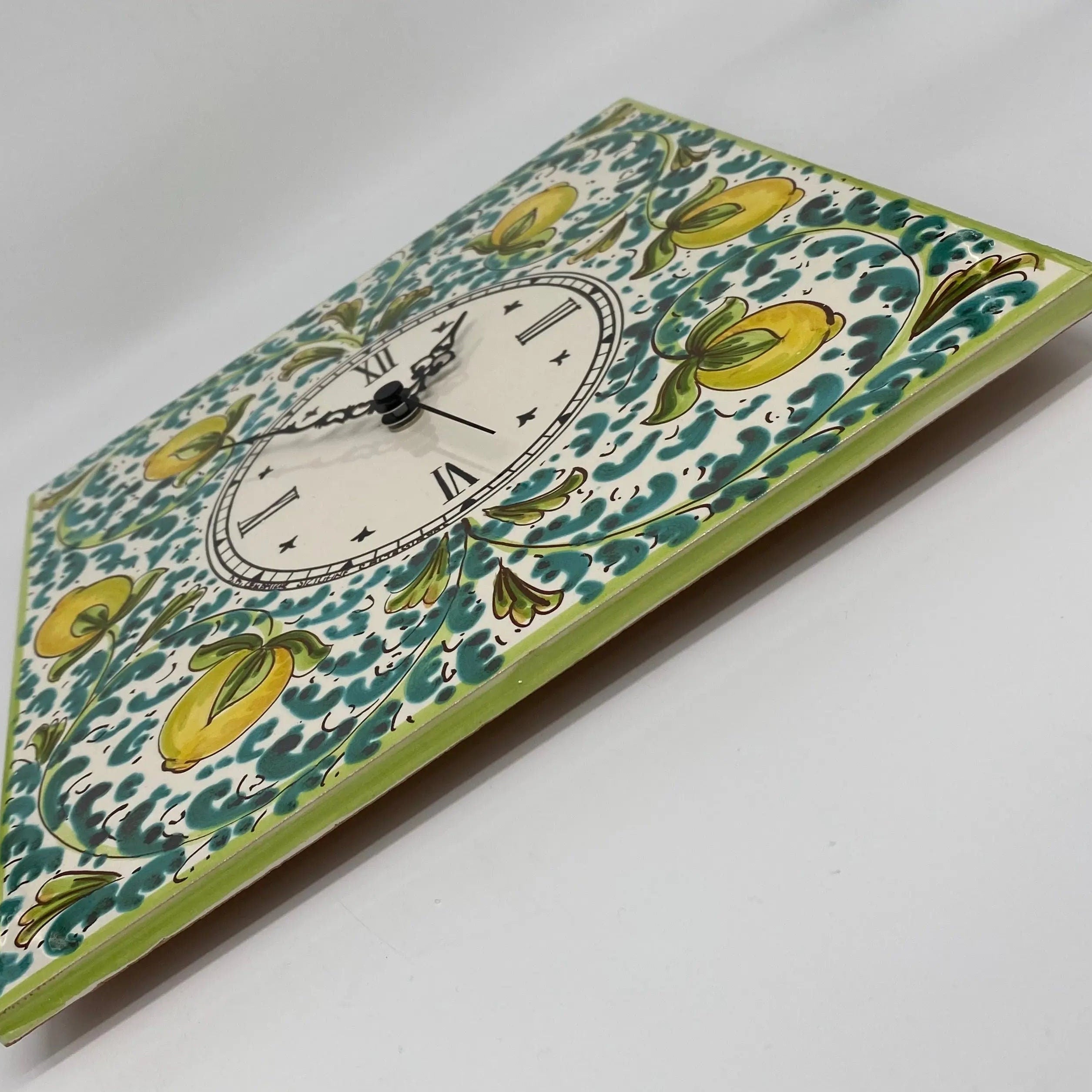 Orologio da Parete Ceramica Caltagirone Quadrato dipinto a mano Lato 30cm Decoro n.1 DD CERAMICHE SICILIANE