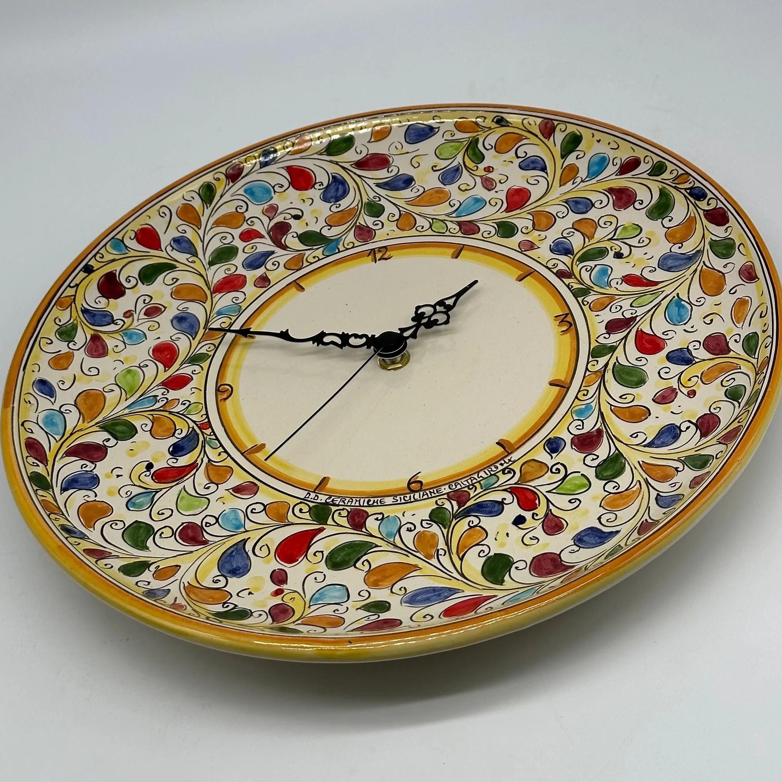 Orologio da Parete Ceramica Caltagirone Rotondo dipinto a mano cm D.30 Decoro n.11g DD CERAMICHE SICILIANE