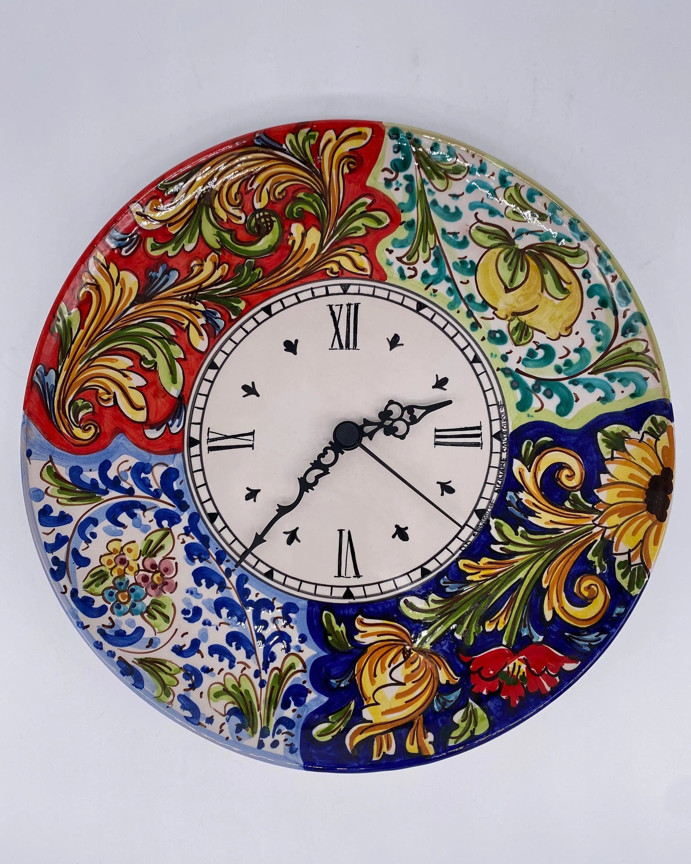 Orologio da Parete Ceramica Caltagirone Rotondo dipinto a mano cm D.30 Decoro n.3 DD CERAMICHE SICILIANE