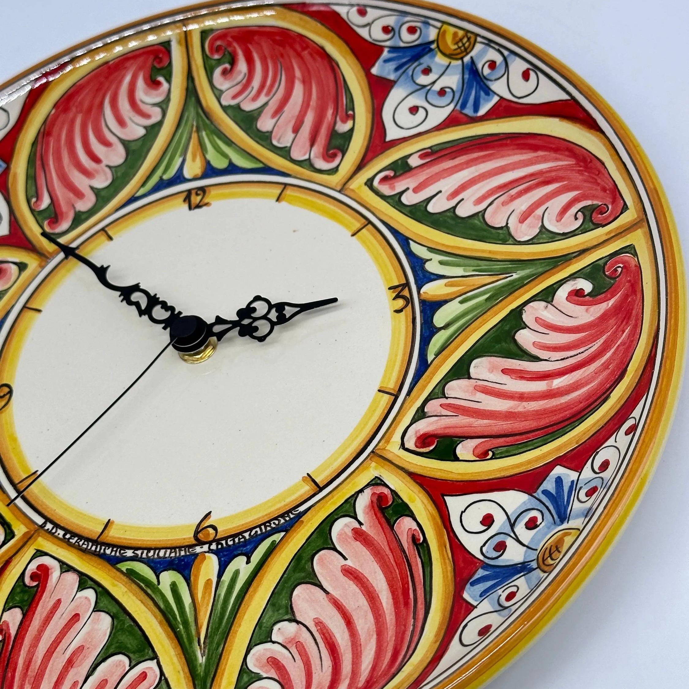 Orologio da Parete Ceramica Caltagirone Rotondo dipinto a mano cm D.30 Decoro n.8g DD CERAMICHE SICILIANE