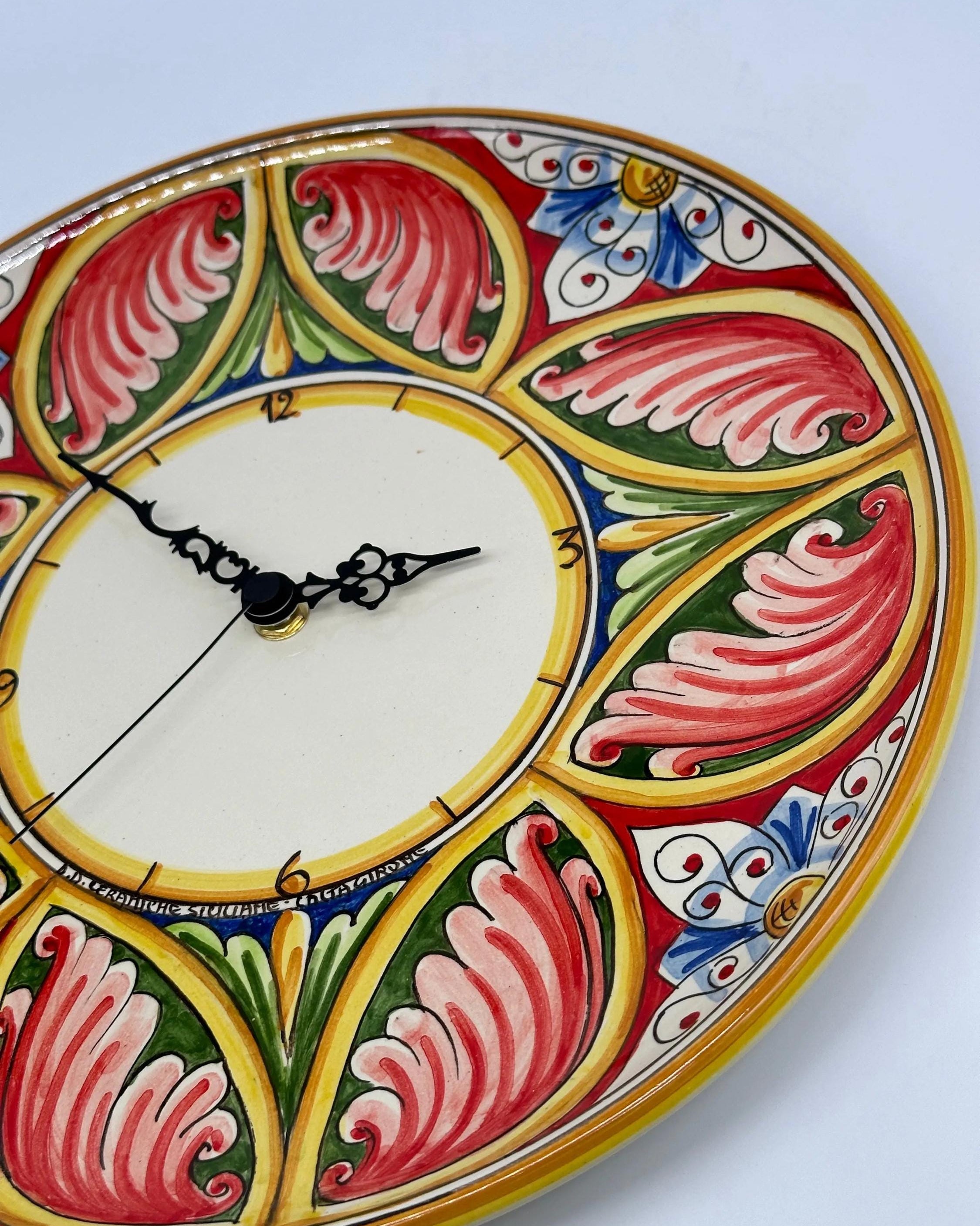 Orologio da Parete Ceramica Caltagirone Rotondo dipinto a mano cm D.30 Decoro n.8g DD CERAMICHE SICILIANE