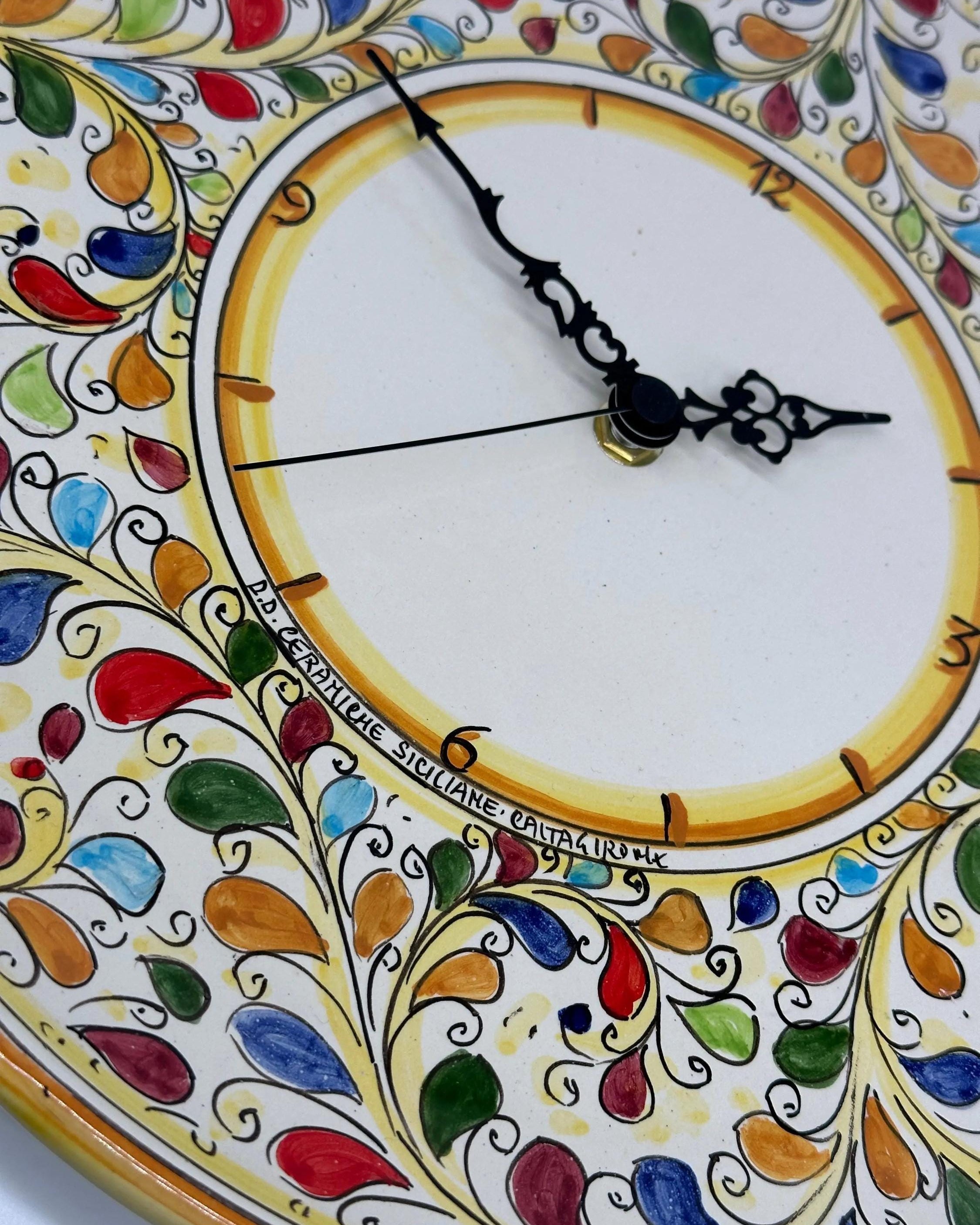 Orologio da Parete Ceramica Caltagirone Rotondo dipinto a mano cm D.30 Decoro n.11g DD CERAMICHE SICILIANE