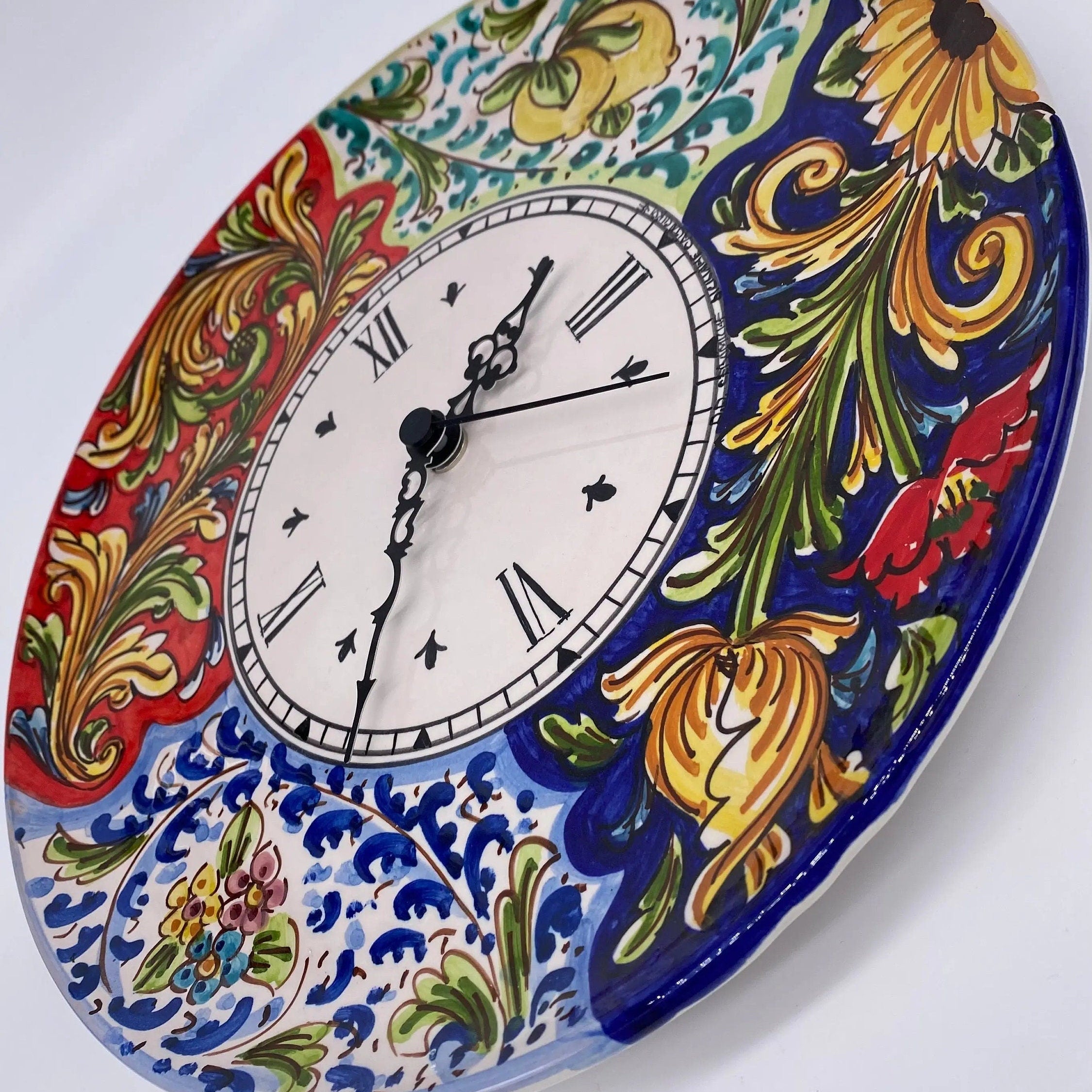 Orologio da Parete Ceramica Caltagirone Rotondo dipinto a mano cm D.30 Decoro n.3 DD CERAMICHE SICILIANE