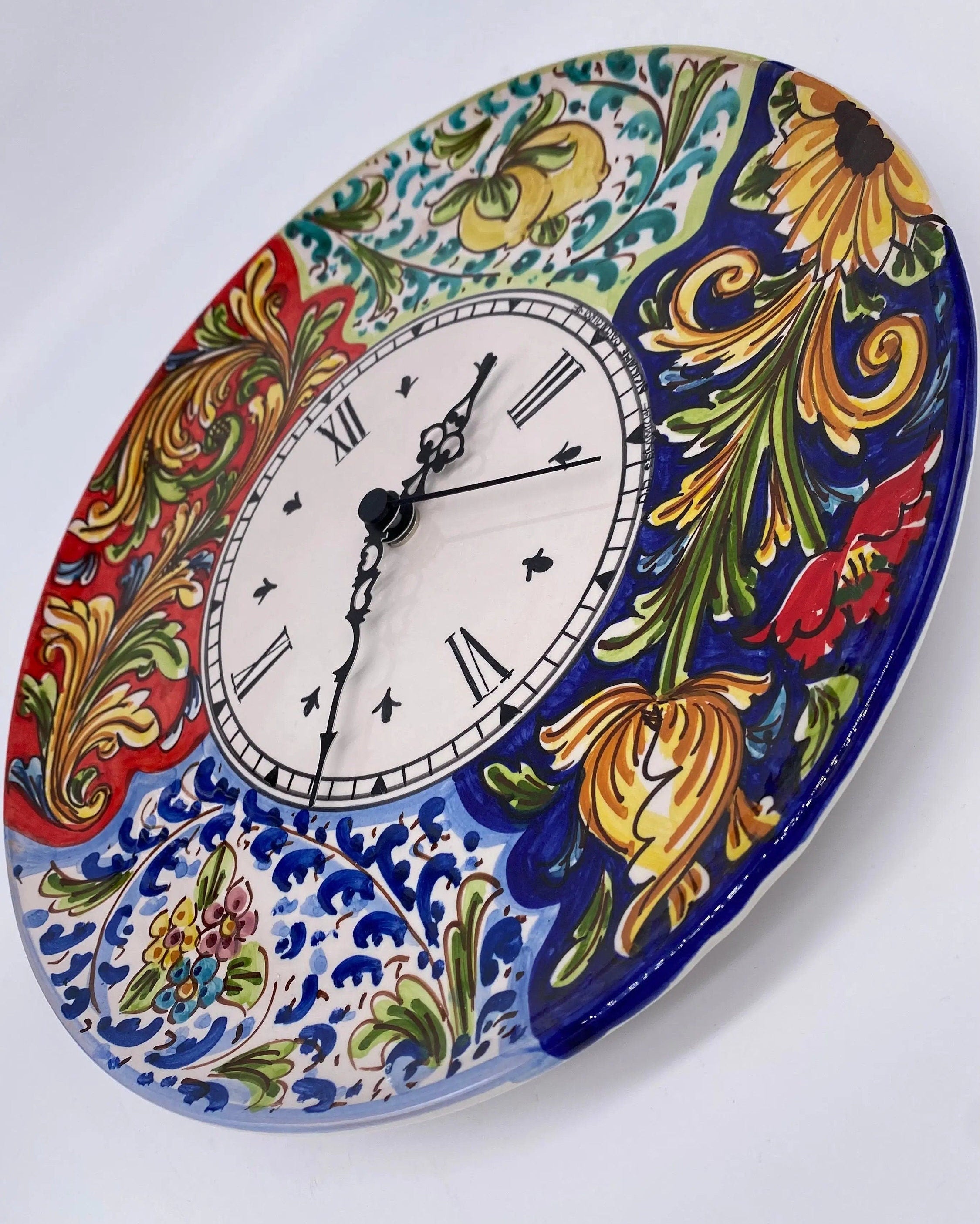 Orologio da Parete Ceramica Caltagirone Rotondo dipinto a mano cm D.30 Decoro n.3 DD CERAMICHE SICILIANE