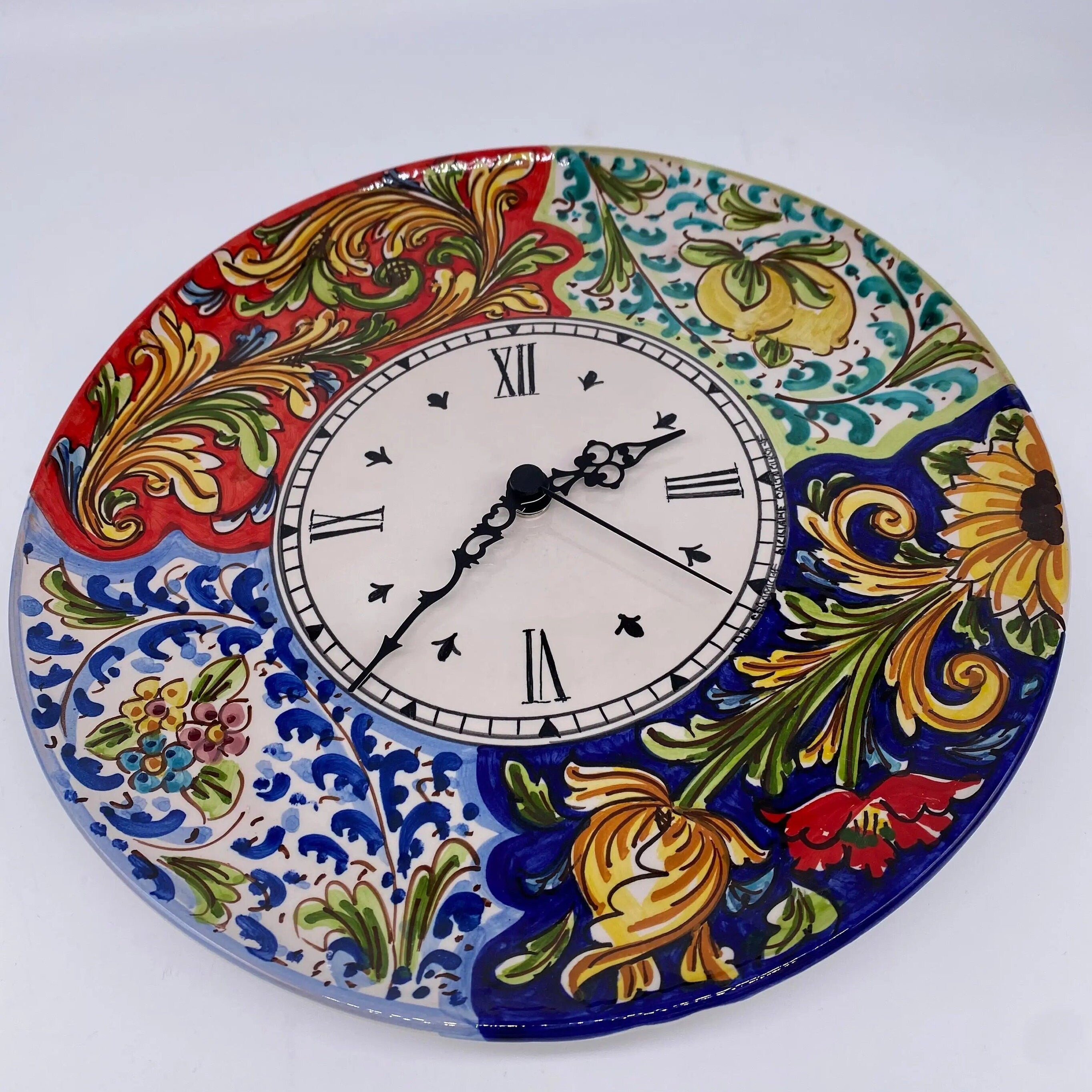 Orologio da Parete Ceramica Caltagirone Rotondo dipinto a mano cm D.30 Decoro n.3 DD CERAMICHE SICILIANE