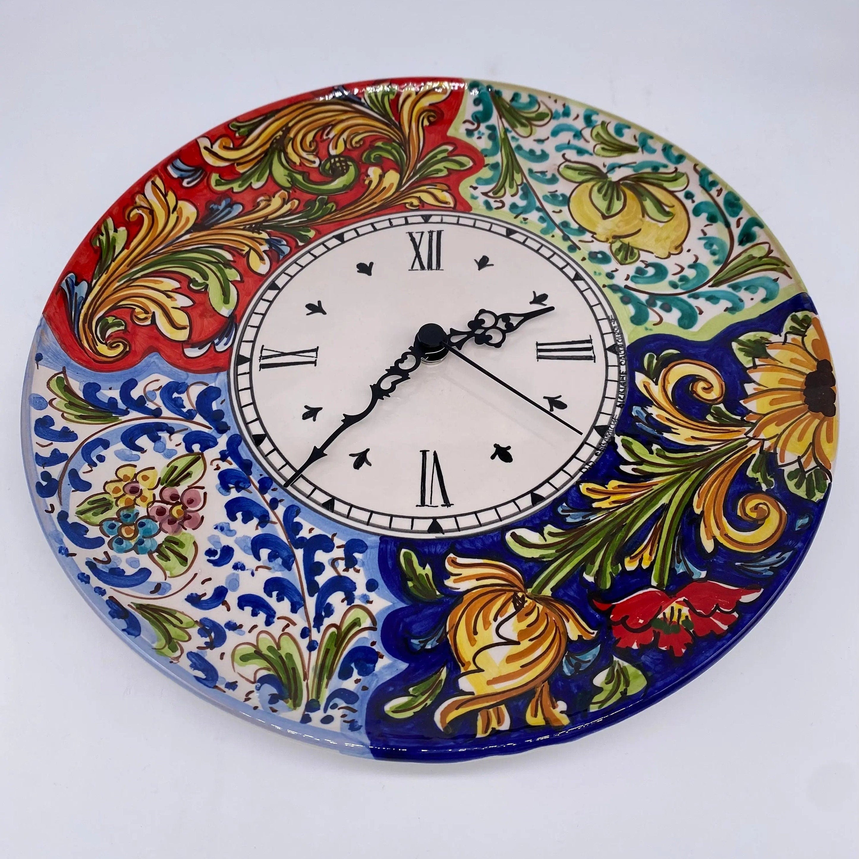 Orologio da Parete Ceramica Caltagirone Rotondo dipinto a mano cm D.30 Decoro n.3 DD CERAMICHE SICILIANE