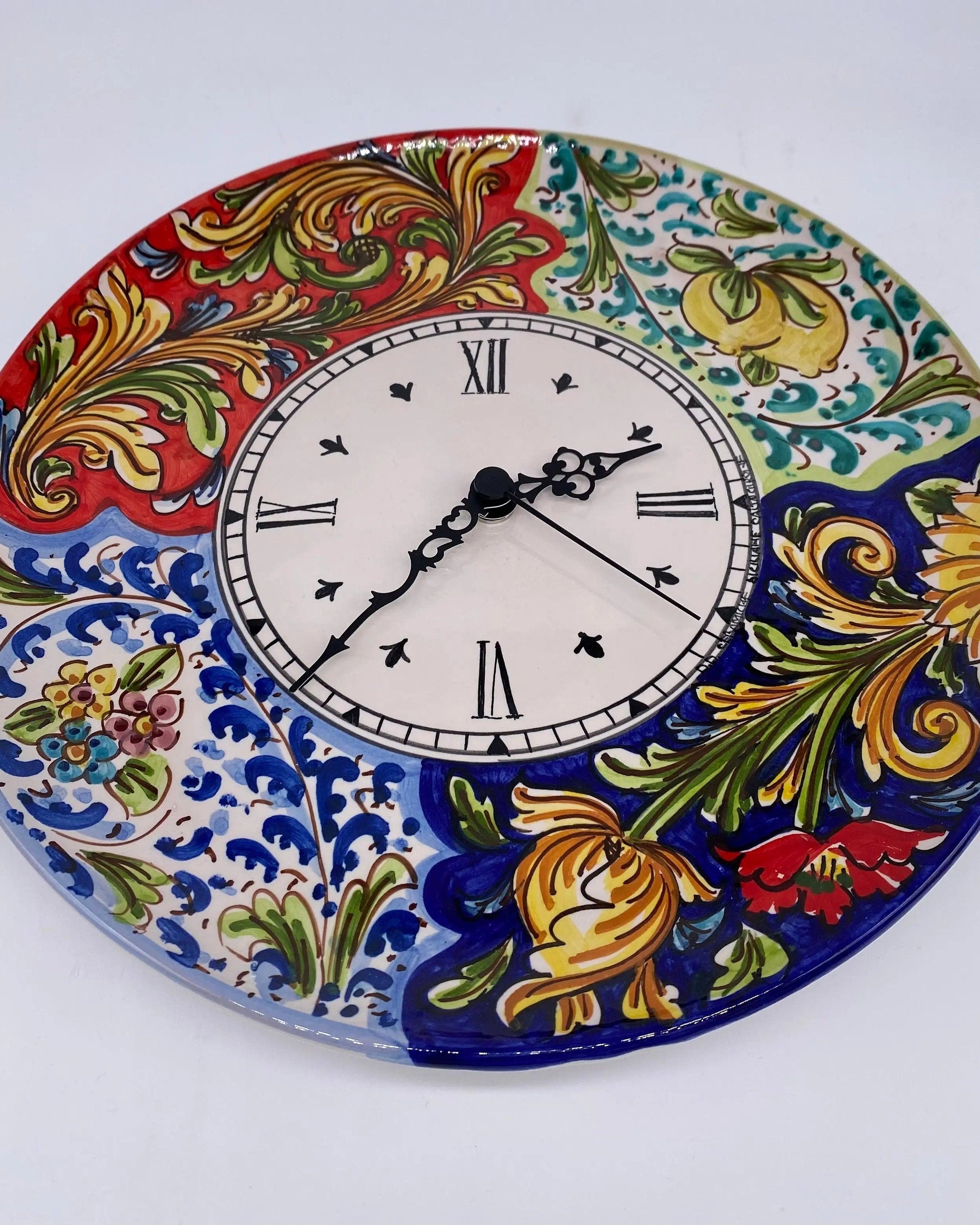 Orologio da Parete Ceramica Caltagirone Rotondo dipinto a mano cm D.30 Decoro n.3 DD CERAMICHE SICILIANE