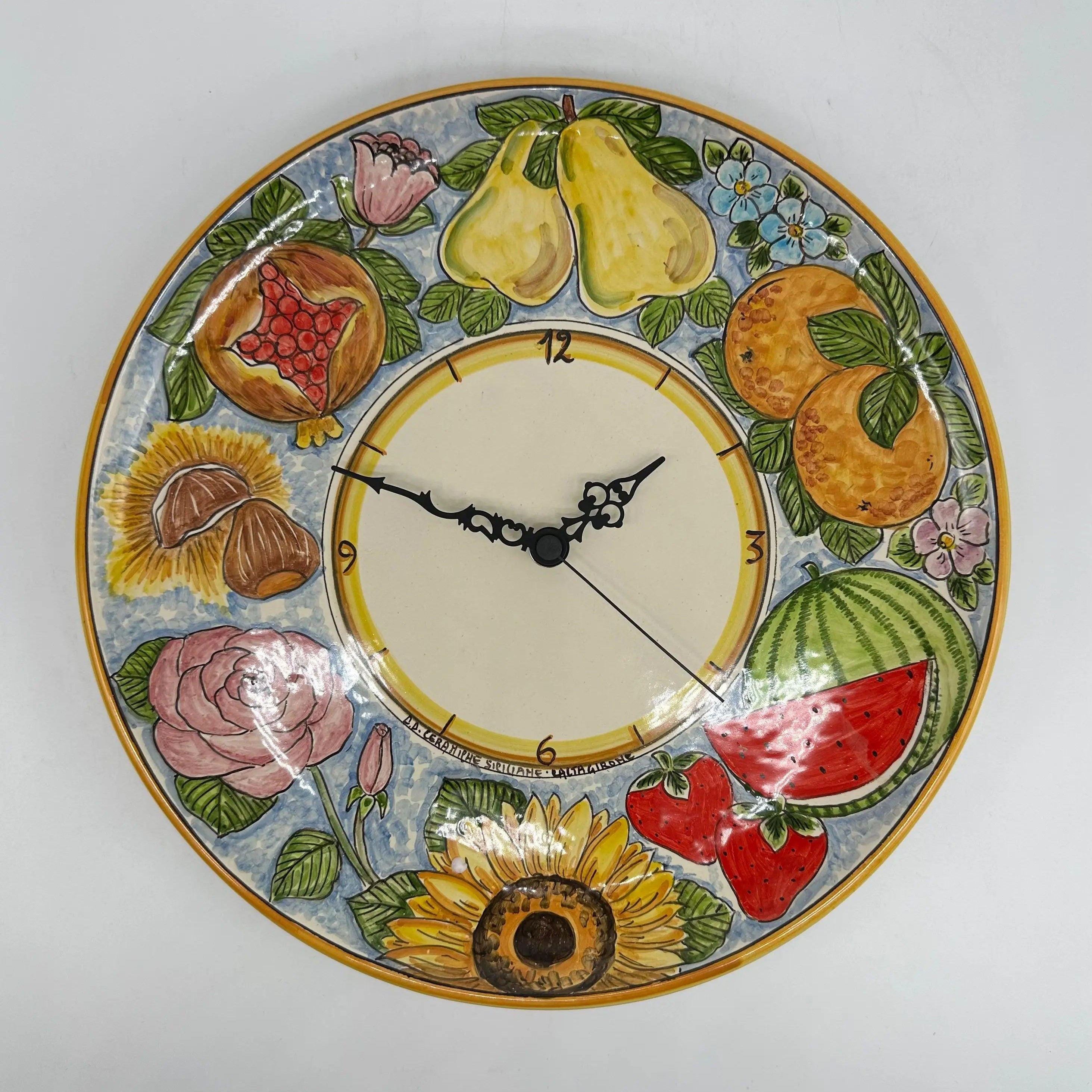 Orologio da Parete Ceramica Caltagirone Rotondo dipinto a mano cm D.30 Decoro n.12g DD CERAMICHE SICILIANE