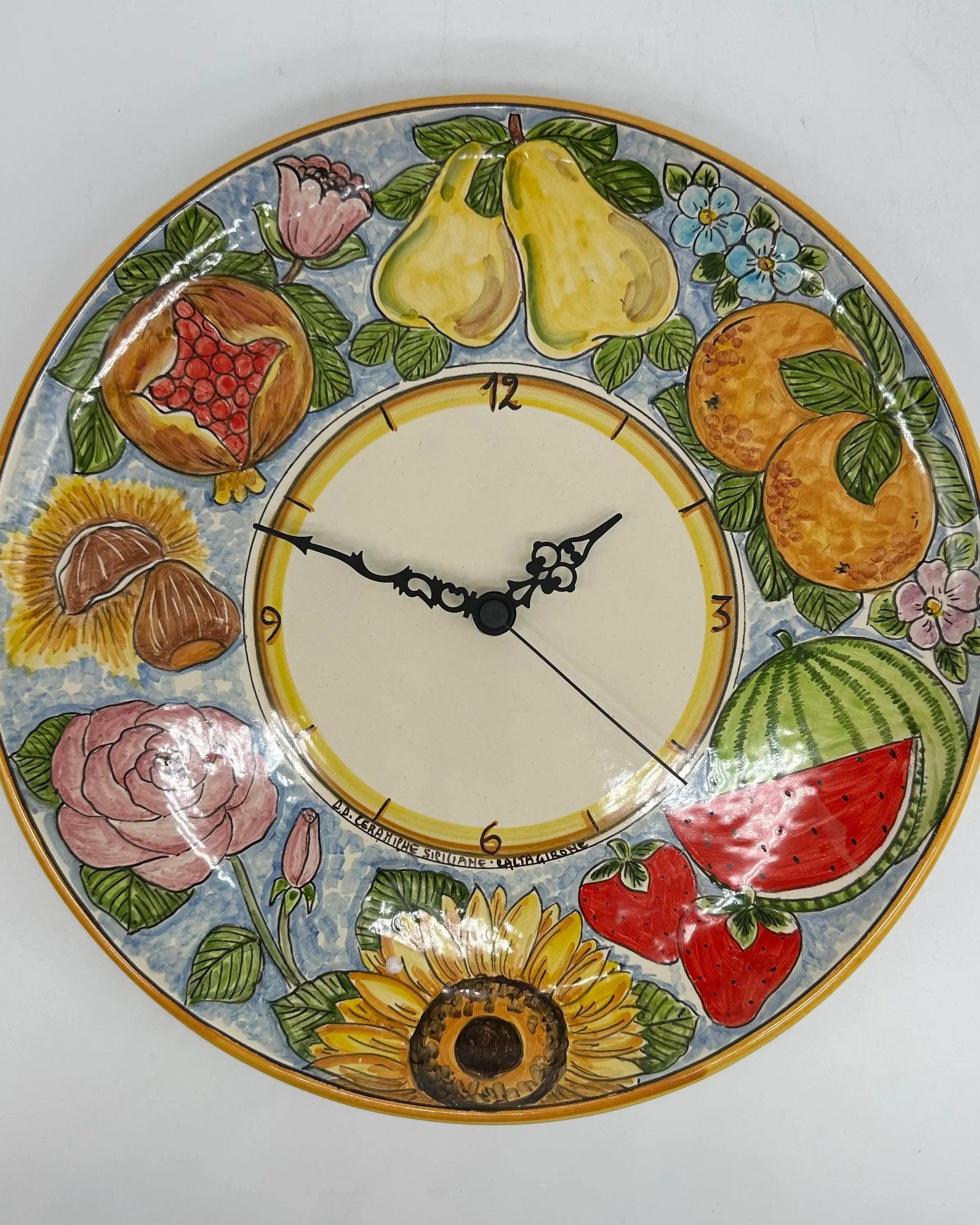 Orologio da Parete Ceramica Caltagirone Rotondo dipinto a mano cm D.30 Decoro n.12g DD CERAMICHE SICILIANE