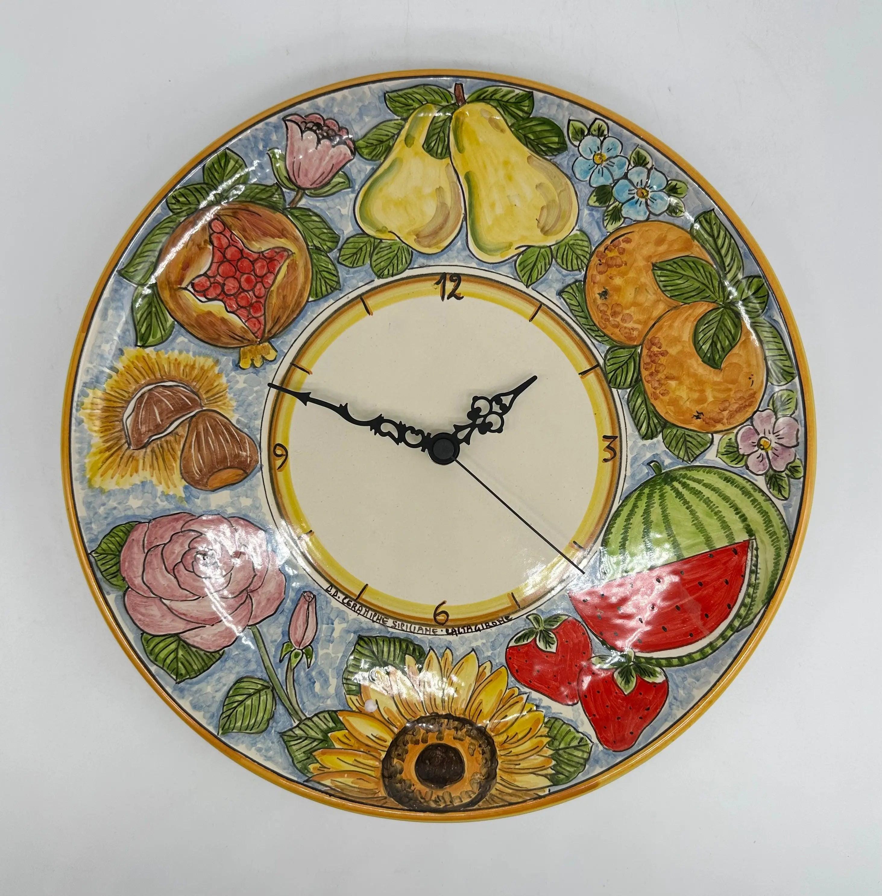 Orologio da Parete Ceramica Caltagirone Rotondo dipinto a mano cm D.30 Decoro n.12g DD CERAMICHE SICILIANE