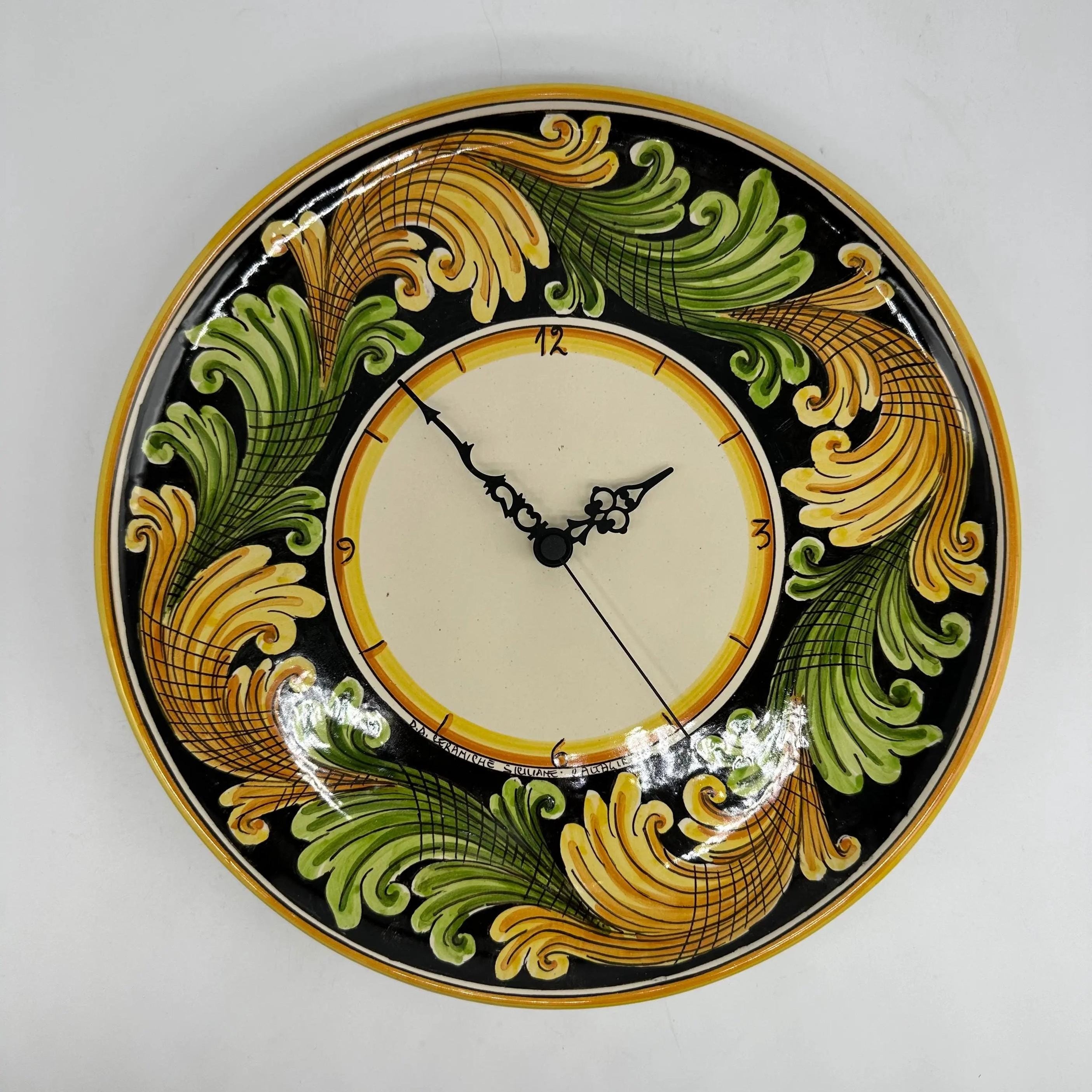 Orologio da Parete Ceramica Caltagirone Rotondo dipinto a mano cm D.30 Decoro n.10g DD CERAMICHE SICILIANE