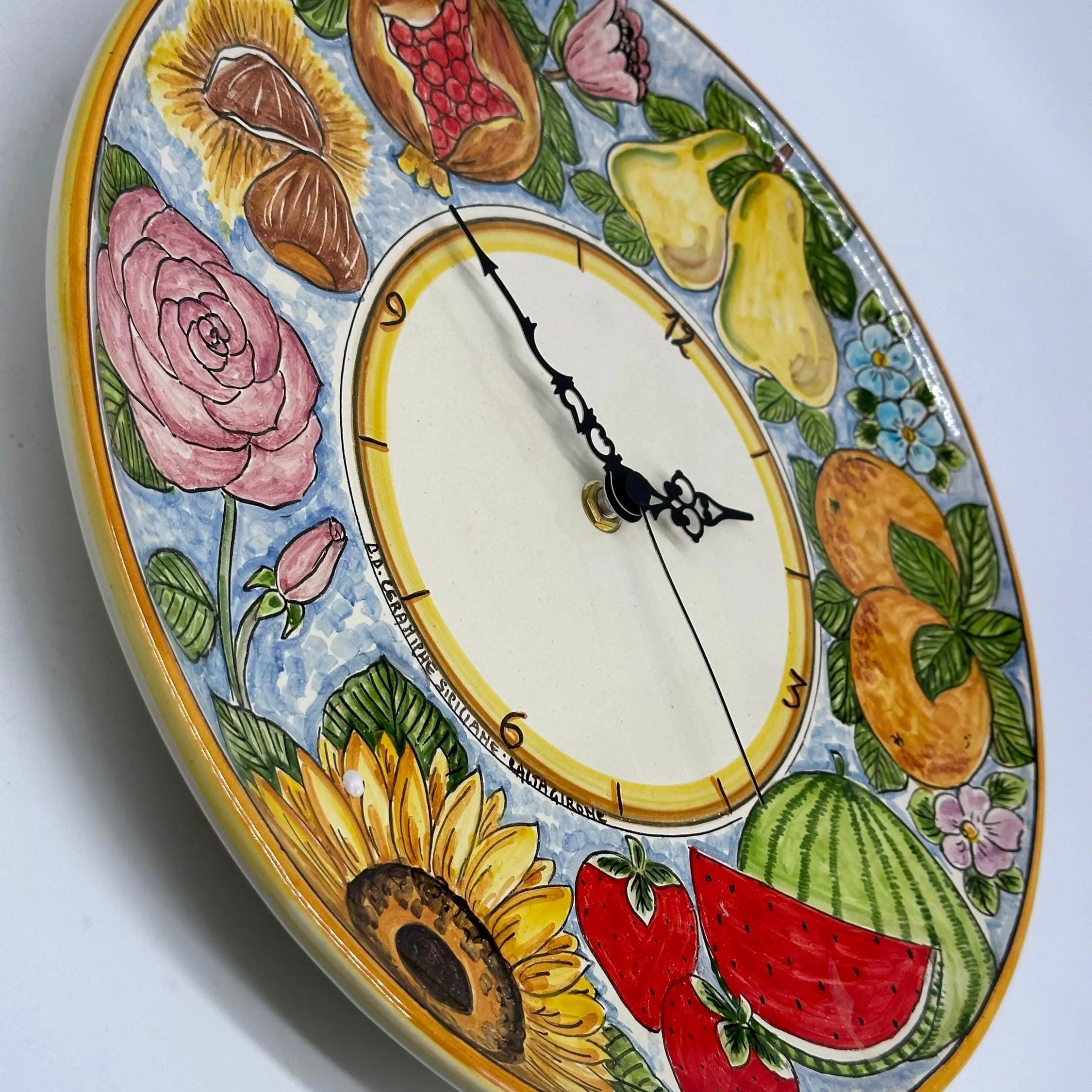 Orologio da Parete Ceramica Caltagirone Rotondo dipinto a mano cm D.30 Decoro n.12g DD CERAMICHE SICILIANE