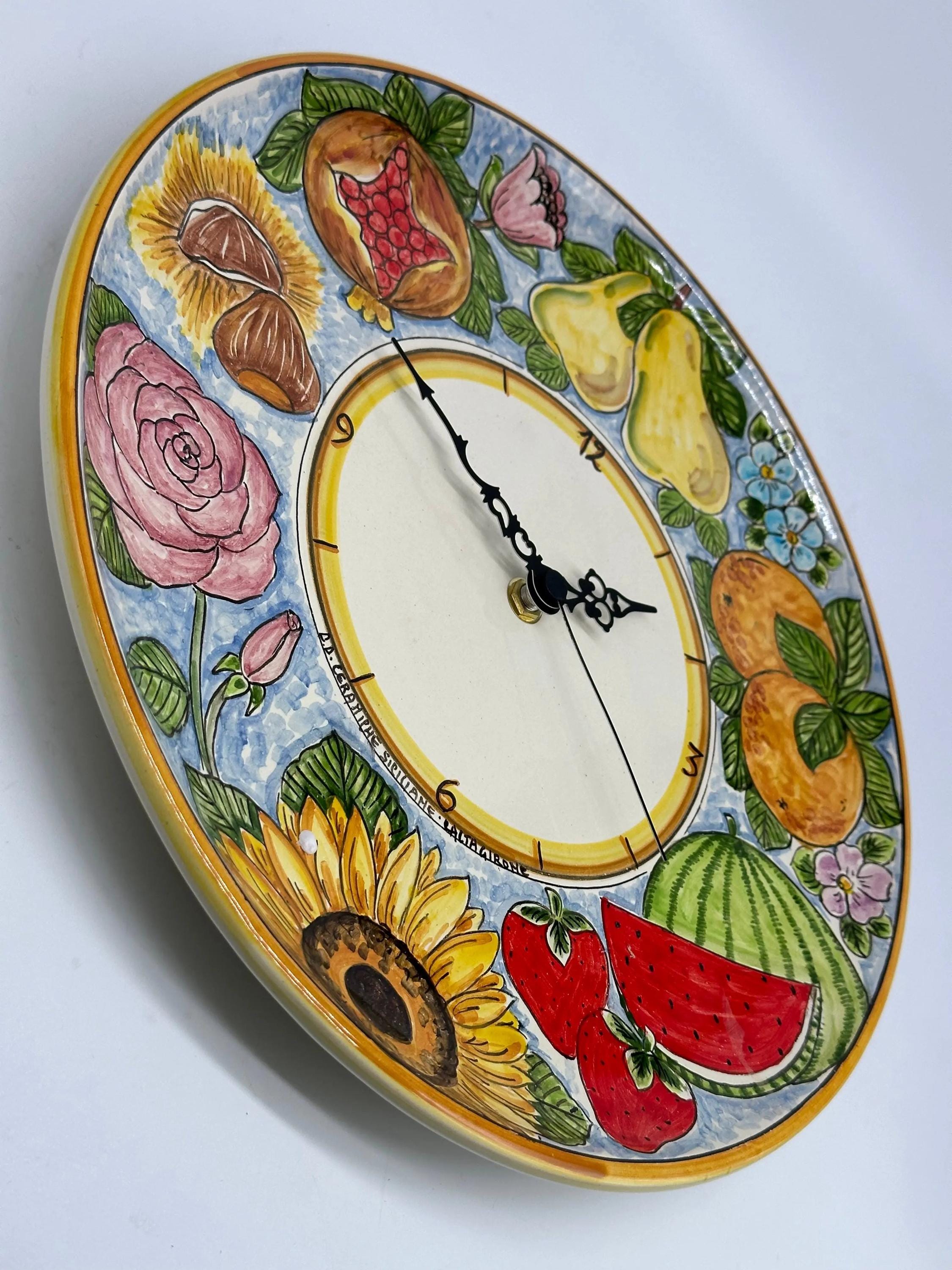 Orologio da Parete Ceramica Caltagirone Rotondo dipinto a mano cm D.30 Decoro n.12g DD CERAMICHE SICILIANE