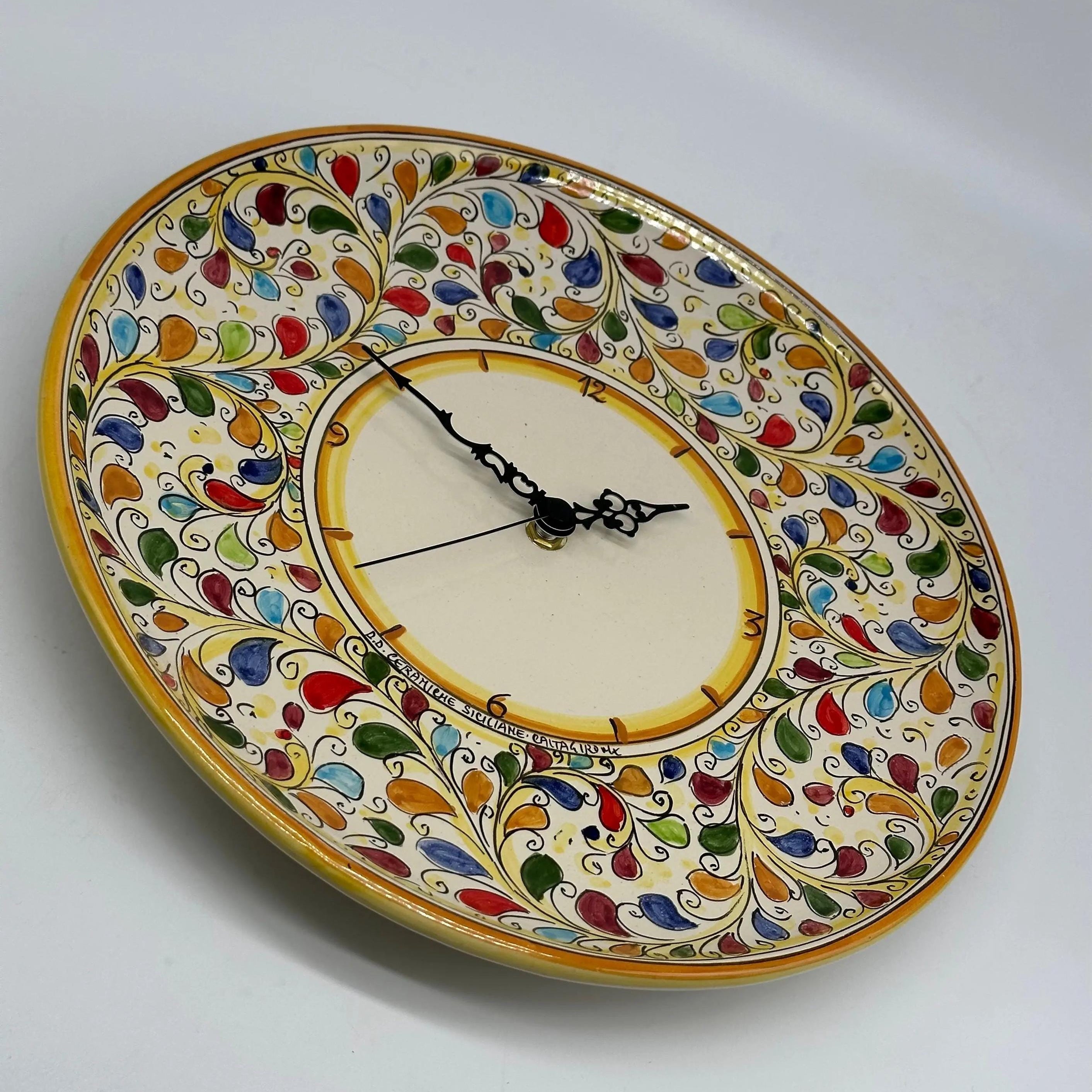Orologio da Parete Ceramica Caltagirone Rotondo dipinto a mano cm D.30 Decoro n.11g DD CERAMICHE SICILIANE