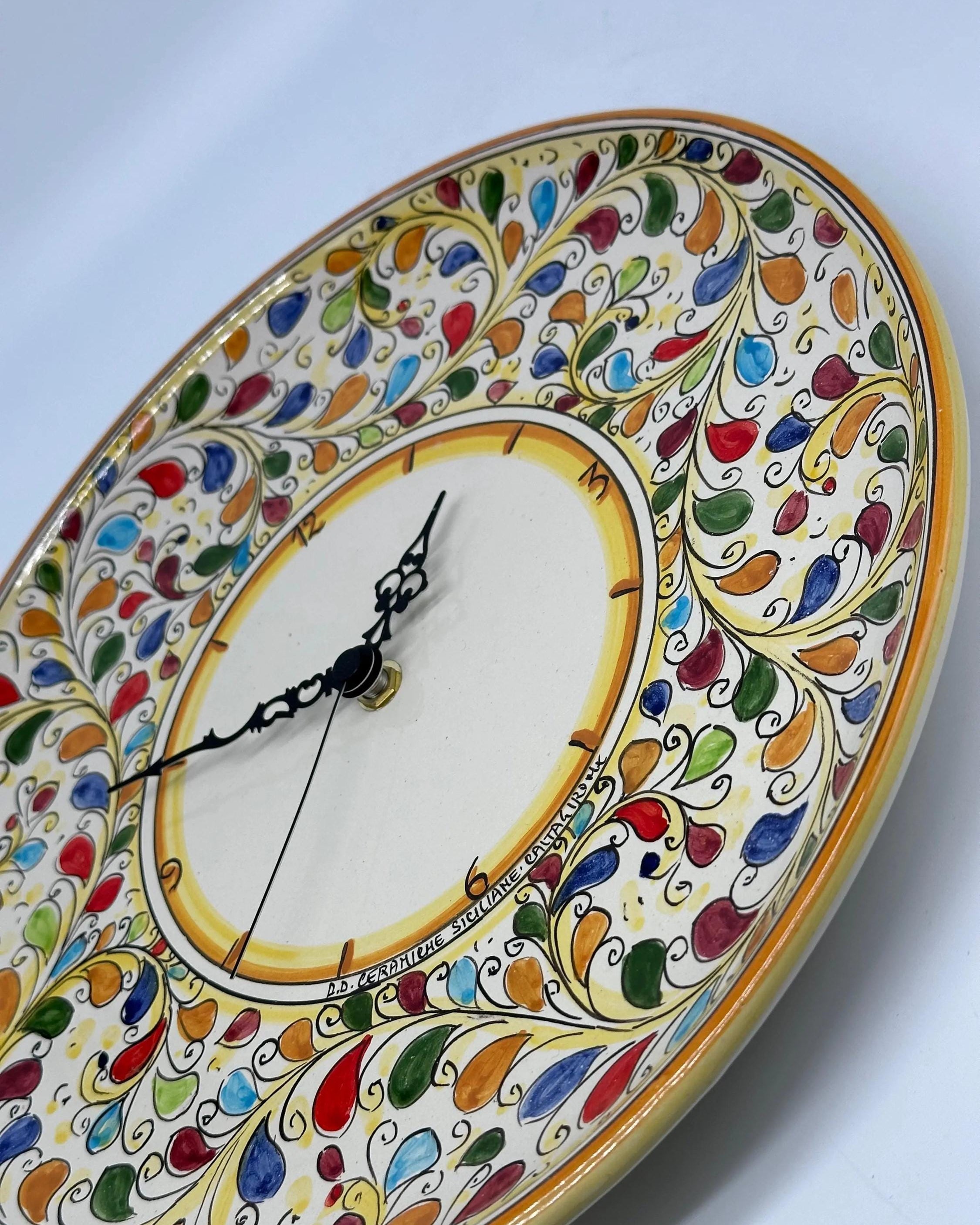 Orologio da Parete Ceramica Caltagirone Rotondo dipinto a mano cm D.30 Decoro n.11g DD CERAMICHE SICILIANE