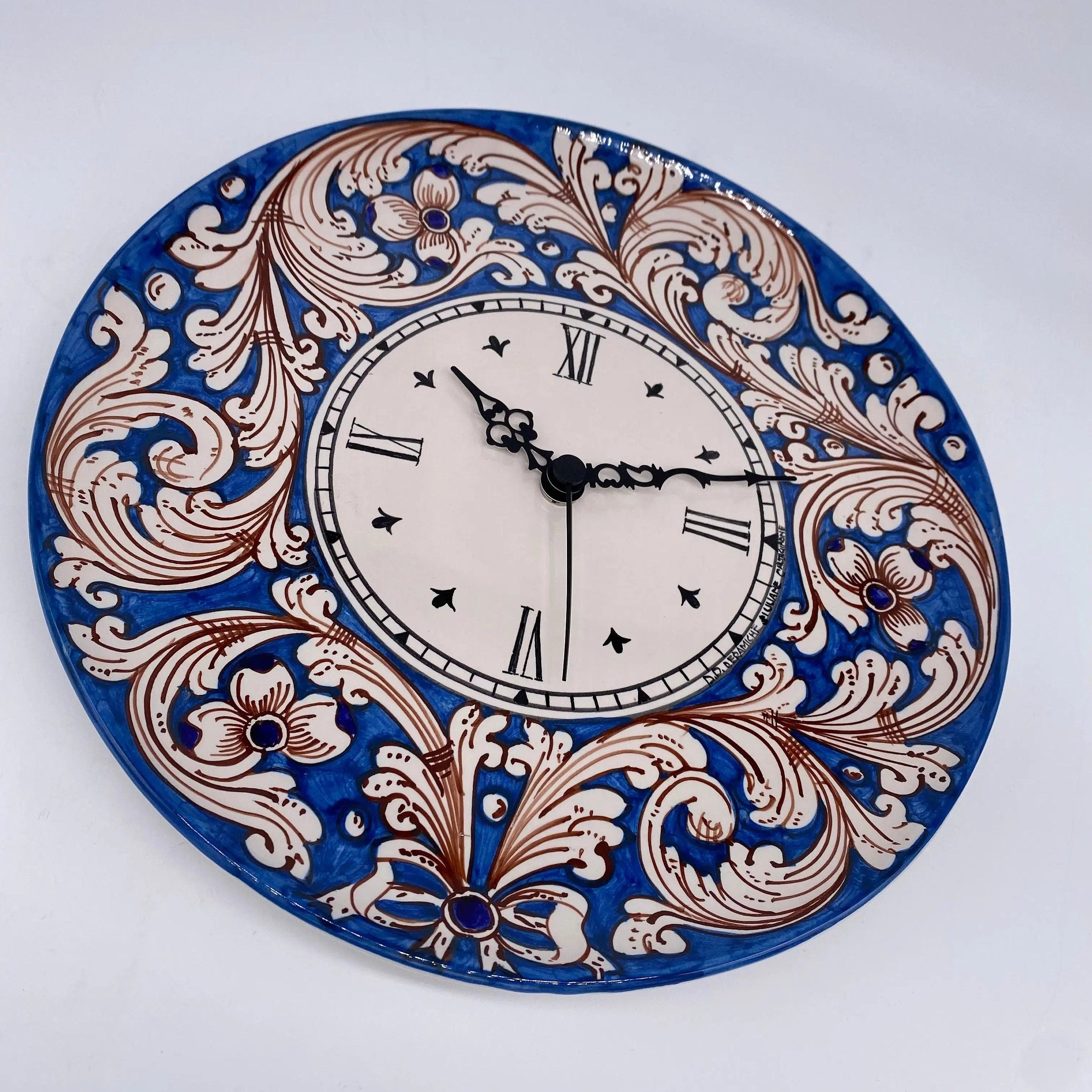 Orologio da Parete Ceramica Caltagirone Rotondo dipinto a mano cm D.30 Decoro n.5 DD CERAMICHE SICILIANE