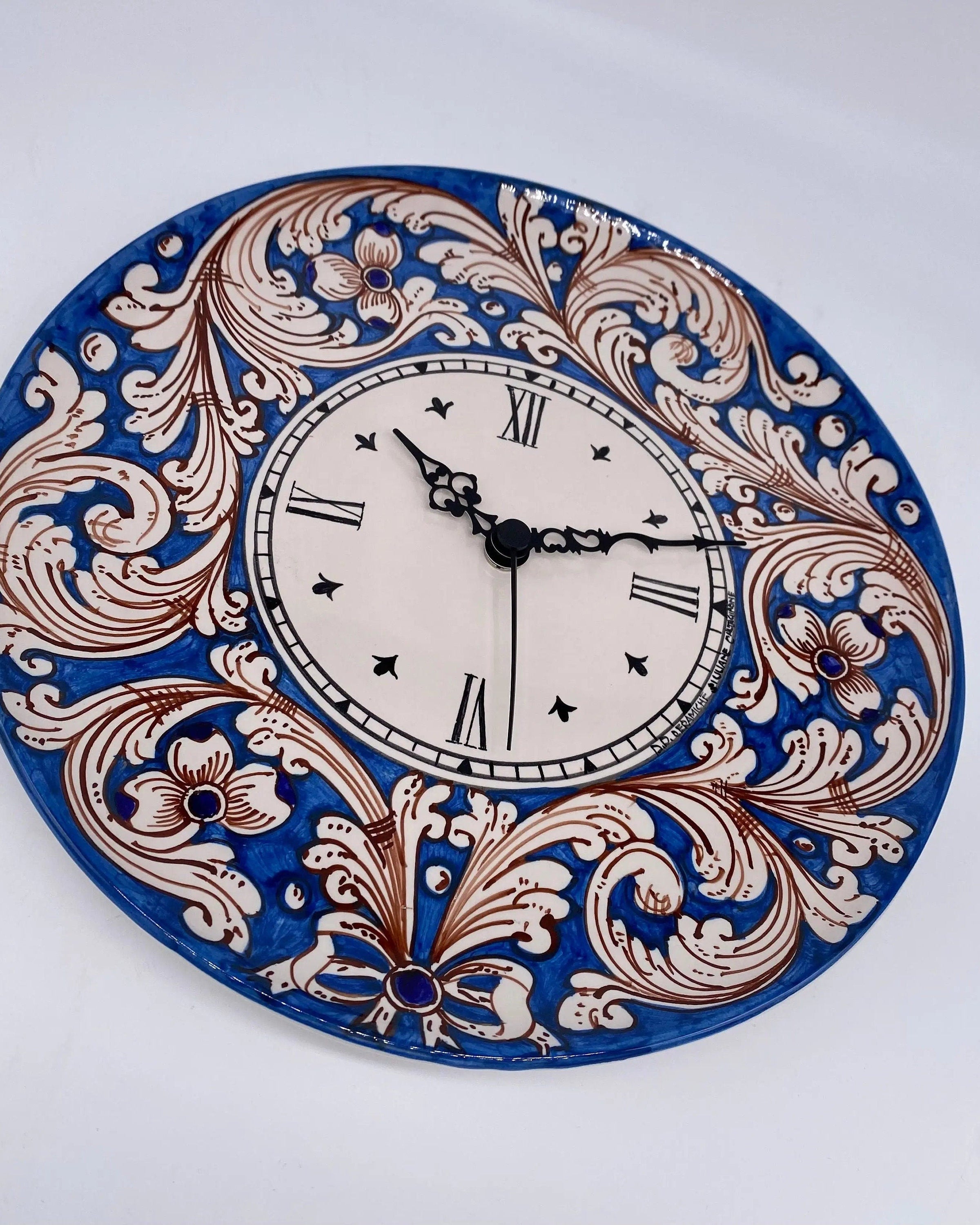 Orologio da Parete Ceramica Caltagirone Rotondo dipinto a mano cm D.30 Decoro n.5 DD CERAMICHE SICILIANE