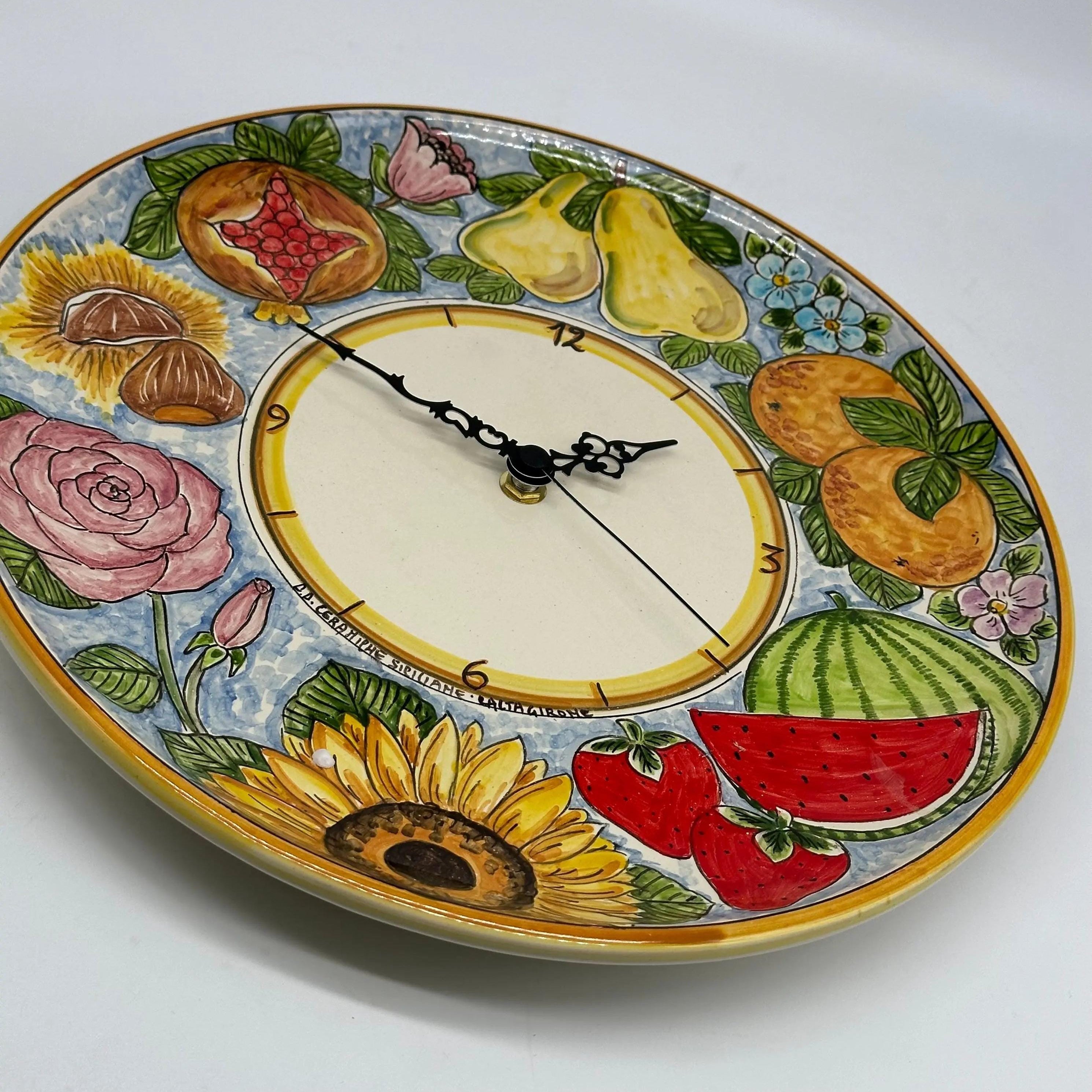 Orologio da Parete Ceramica Caltagirone Rotondo dipinto a mano cm D.30 Decoro n.12g DD CERAMICHE SICILIANE