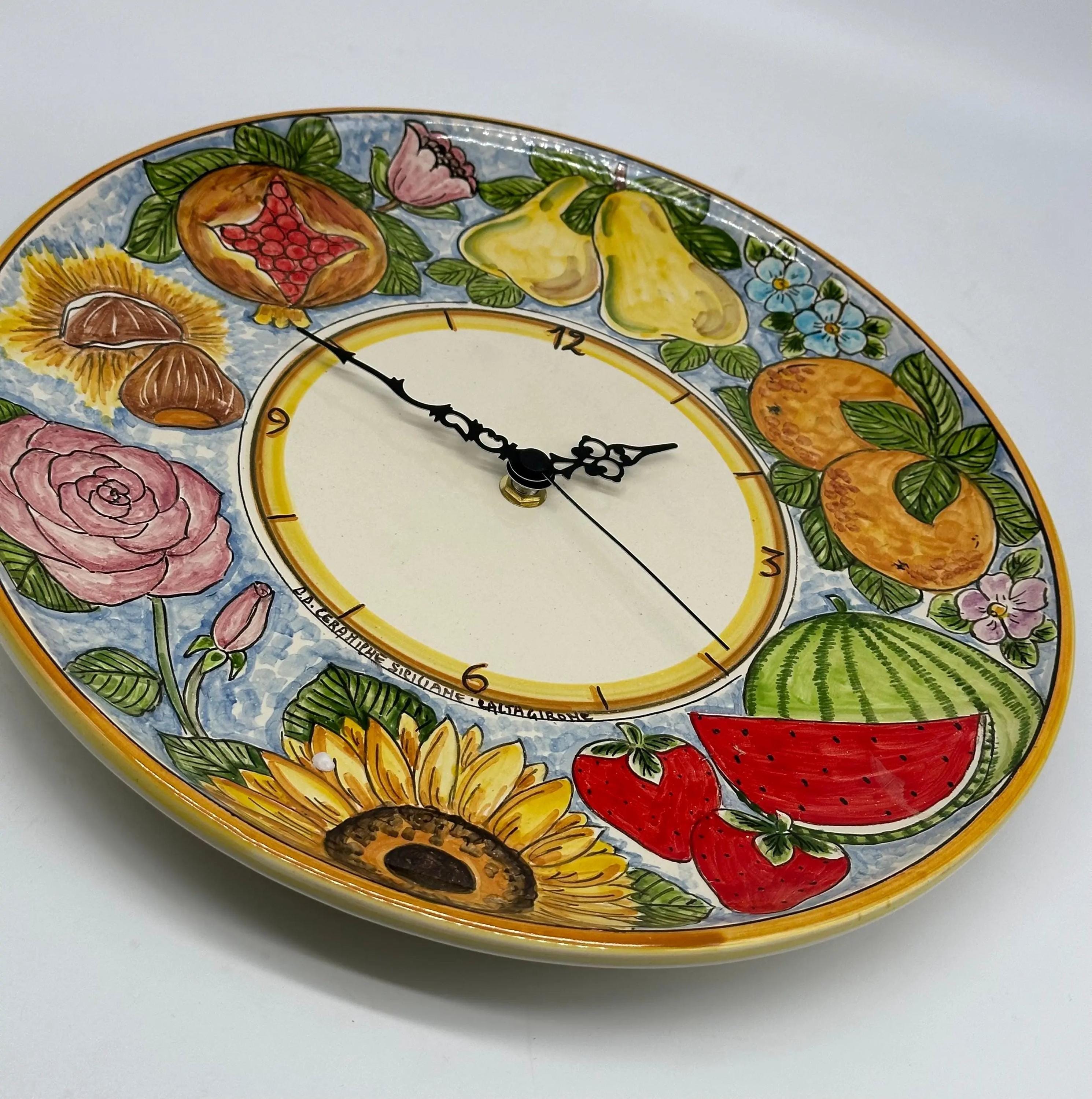 Orologio da Parete Ceramica Caltagirone Rotondo dipinto a mano cm D.30 Decoro n.12g DD CERAMICHE SICILIANE