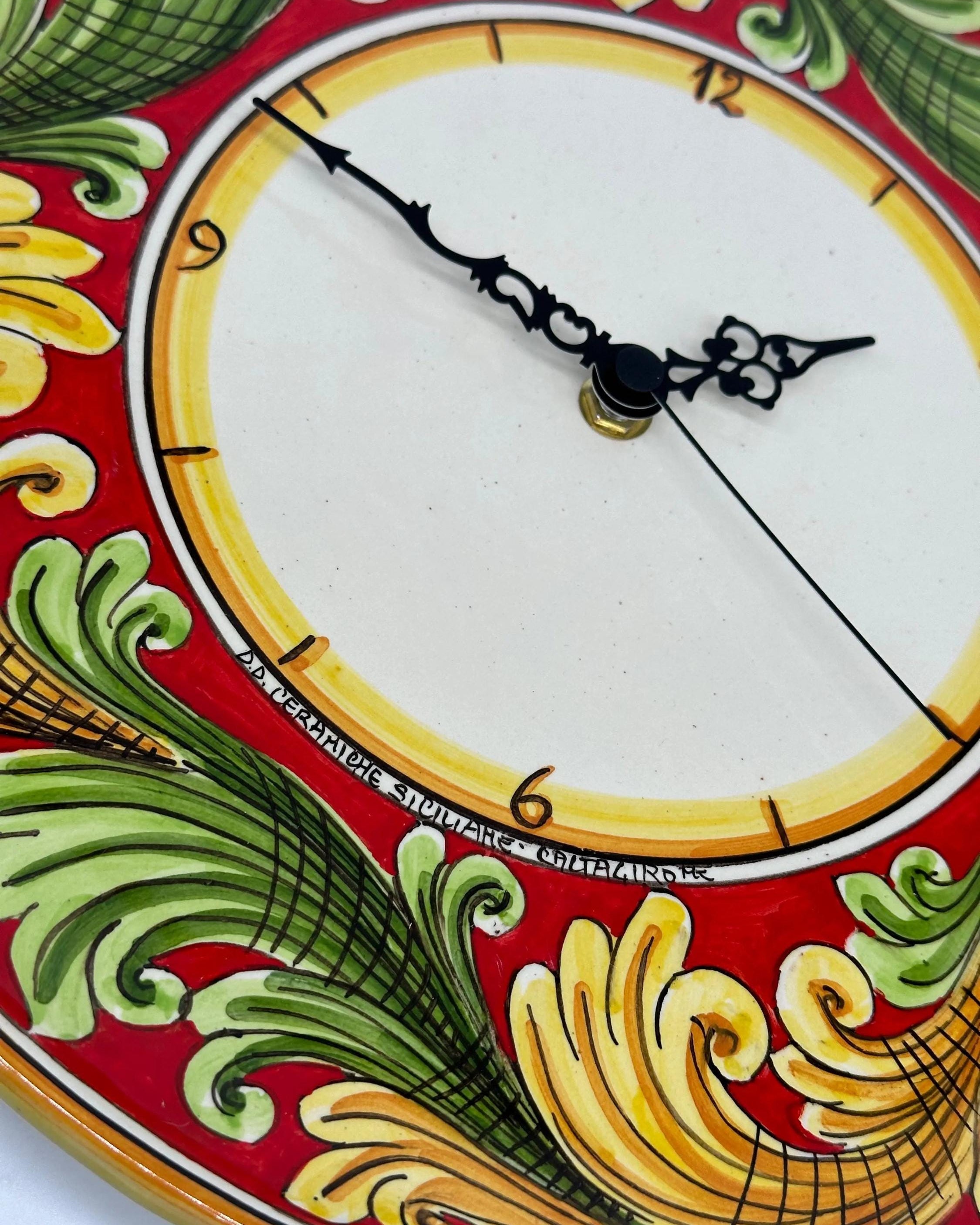 Orologio da Parete Ceramica Caltagirone Rotondo dipinto a mano cm D.30 Decoro n.9g DD CERAMICHE SICILIANE
