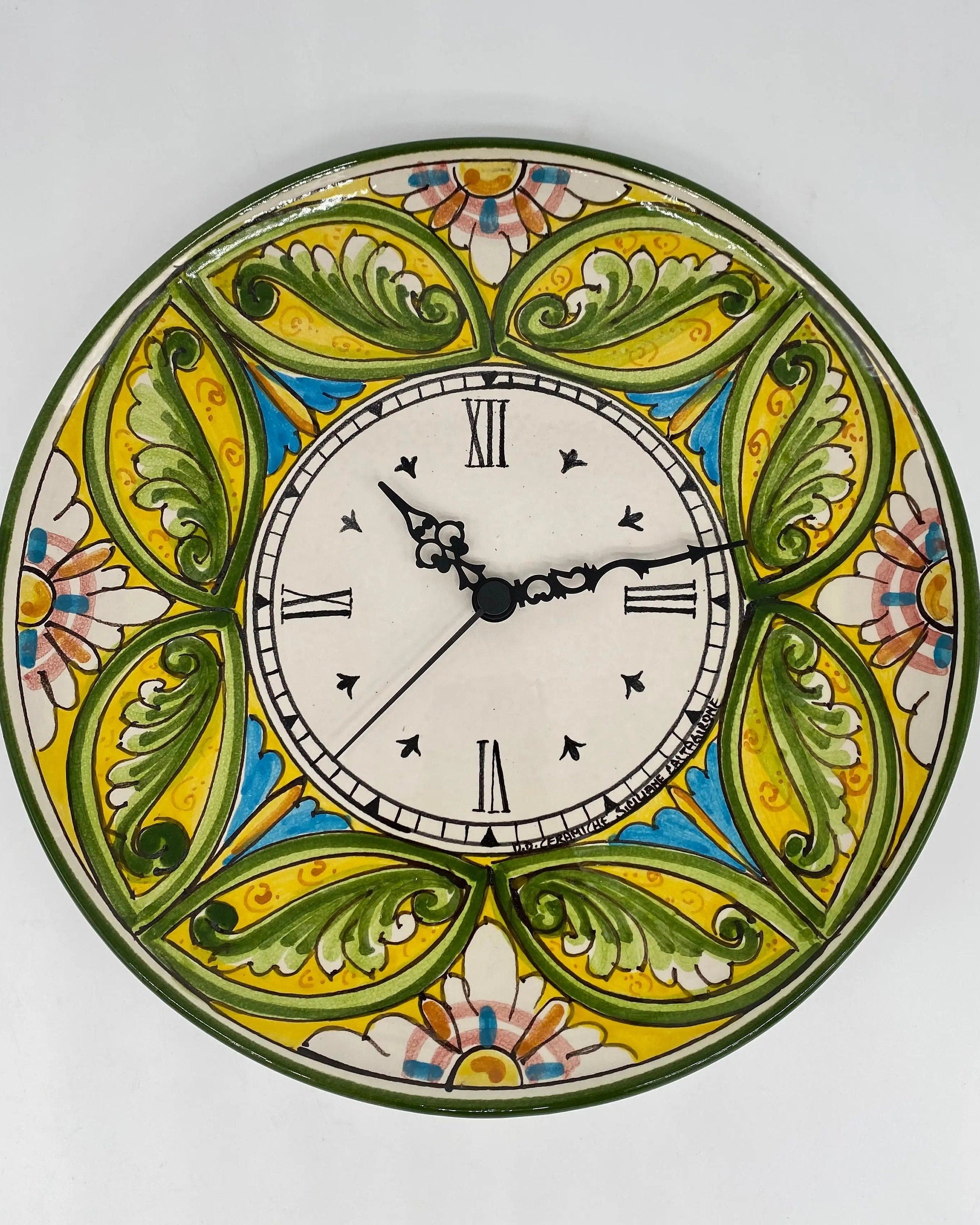 Orologio da Parete Ceramica Caltagirone Rotondo dipinto a mano cm D.30 Decoro n.1 DD CERAMICHE SICILIANE