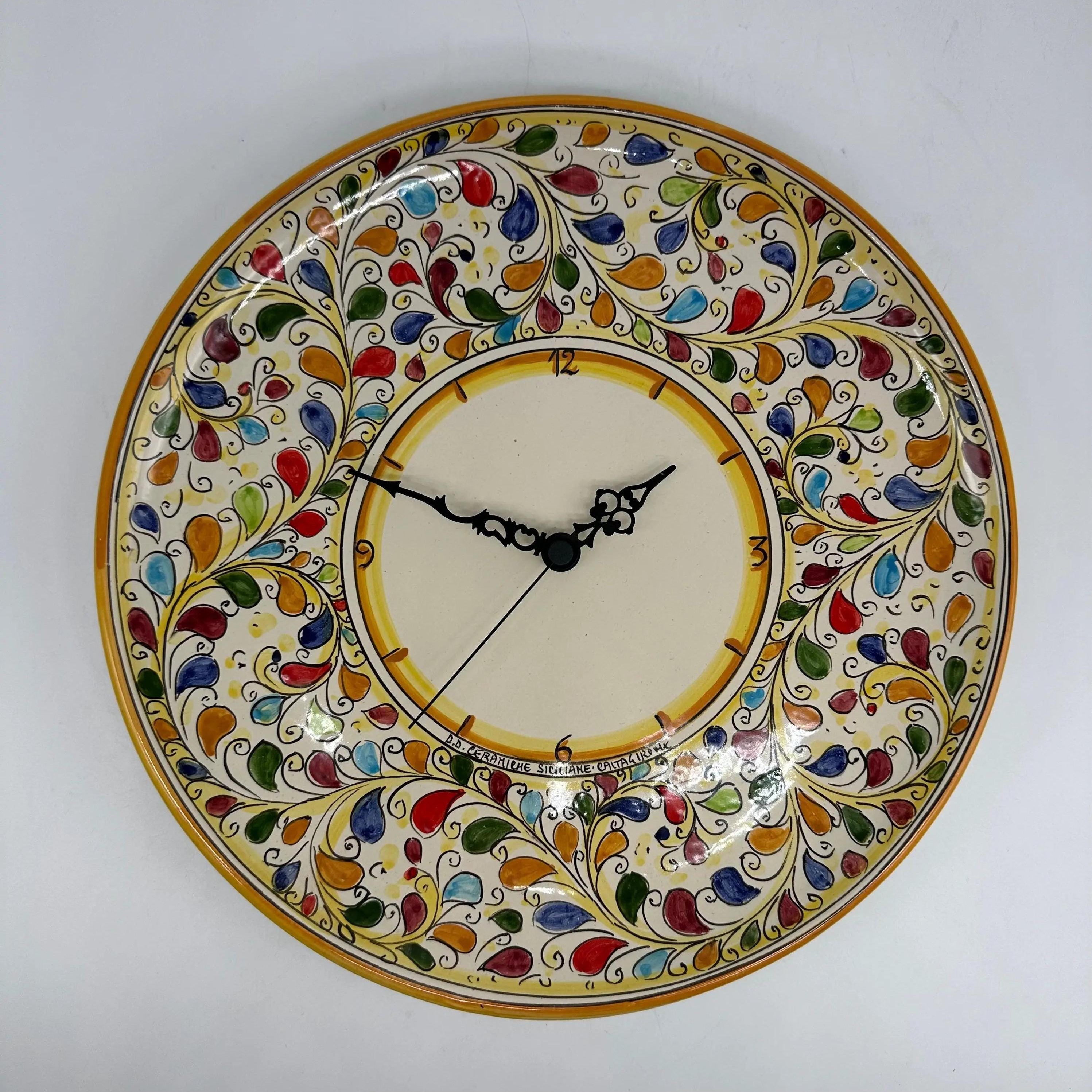 Orologio da Parete Ceramica Caltagirone Rotondo dipinto a mano cm D.30 Decoro n.11g DD CERAMICHE SICILIANE