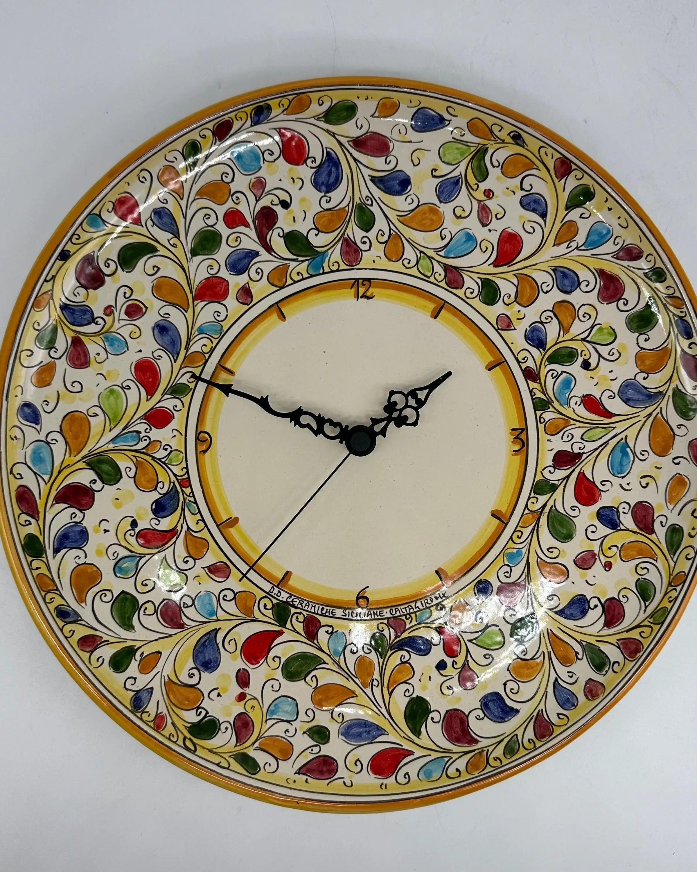 Orologio da Parete Ceramica Caltagirone Rotondo dipinto a mano cm D.30 Decoro n.11g DD CERAMICHE SICILIANE
