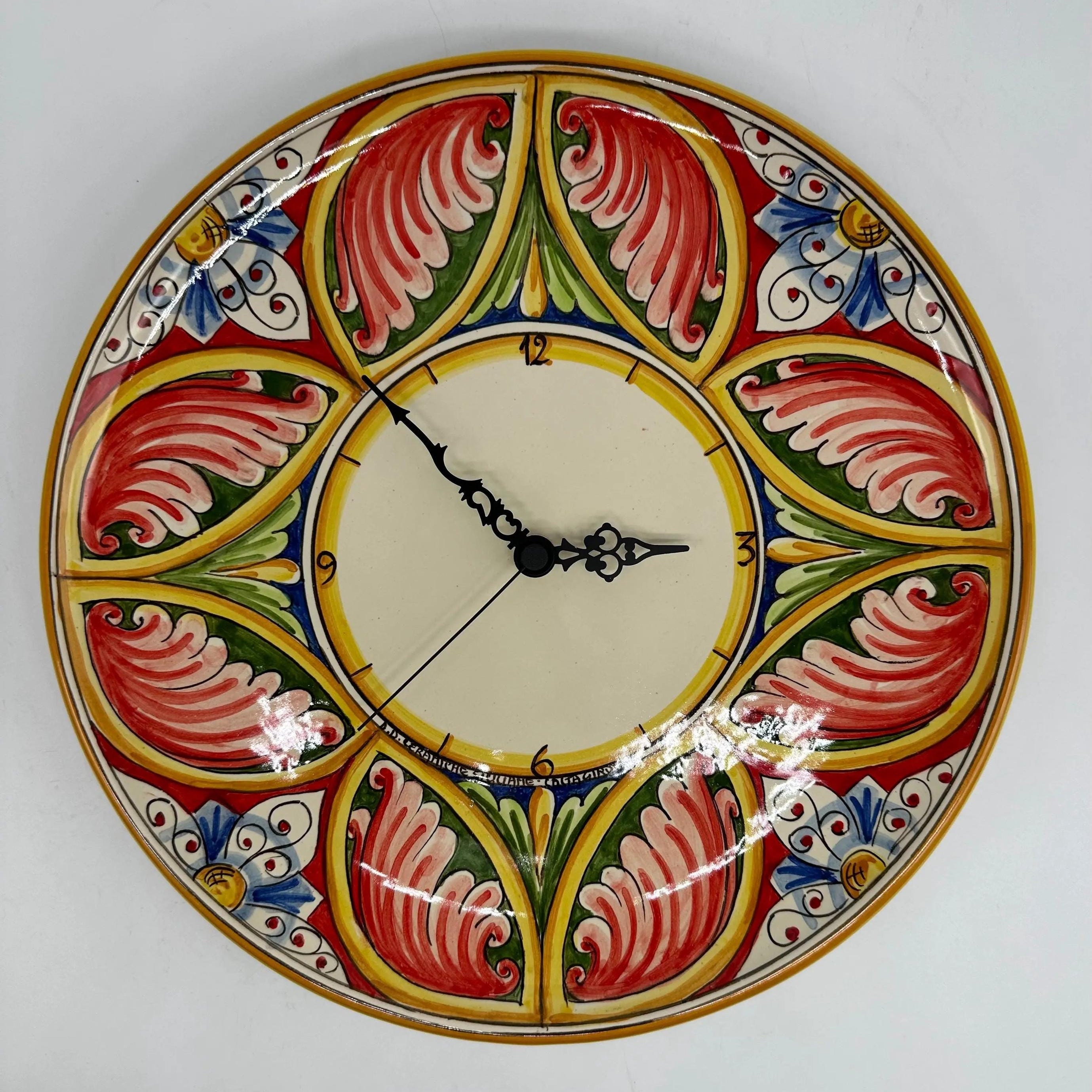 Orologio da Parete Ceramica Caltagirone Rotondo dipinto a mano cm D.30 Decoro n.8g DD CERAMICHE SICILIANE