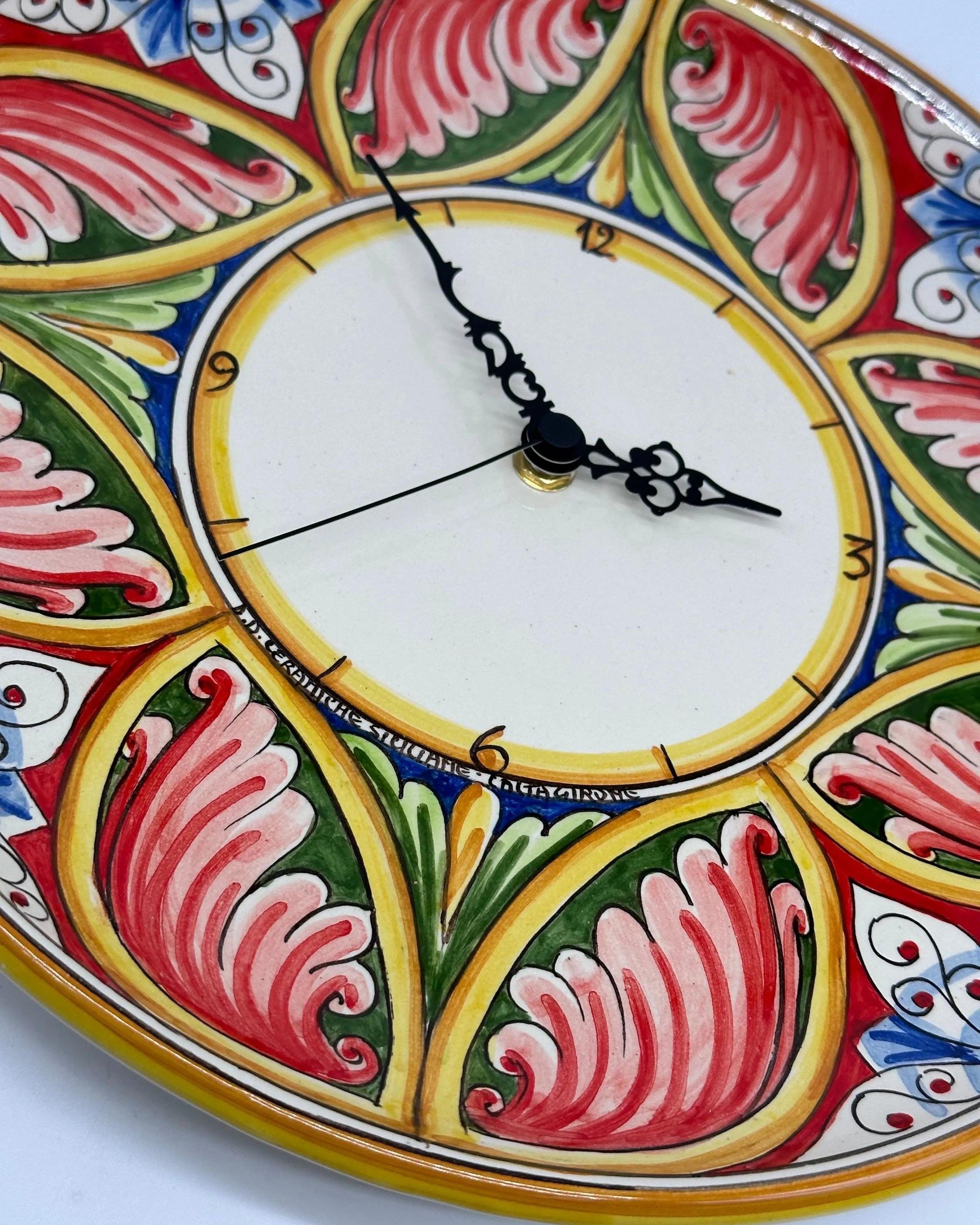 Orologio da Parete Ceramica Caltagirone Rotondo dipinto a mano cm D.30 Decoro n.8g DD CERAMICHE SICILIANE