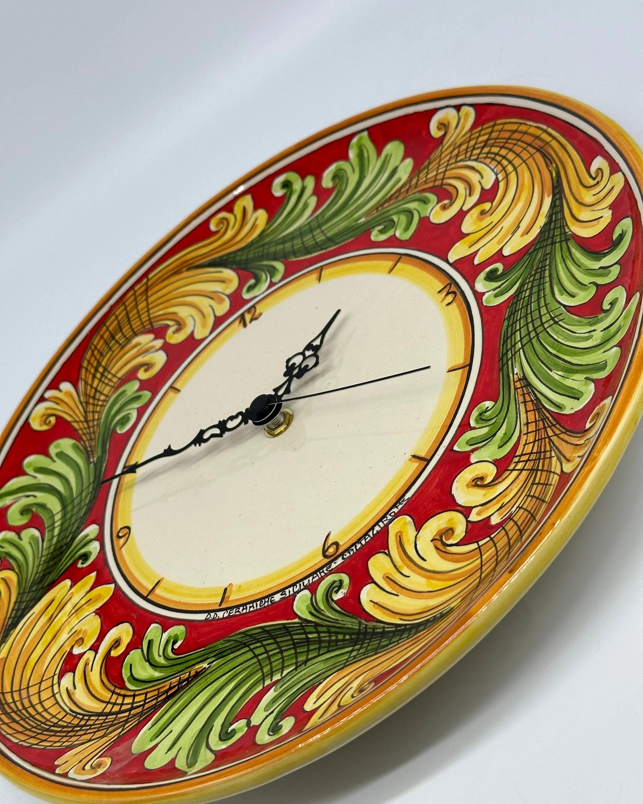Orologio da Parete Ceramica Caltagirone Rotondo dipinto a mano cm D.30 Decoro n.9g DD CERAMICHE SICILIANE