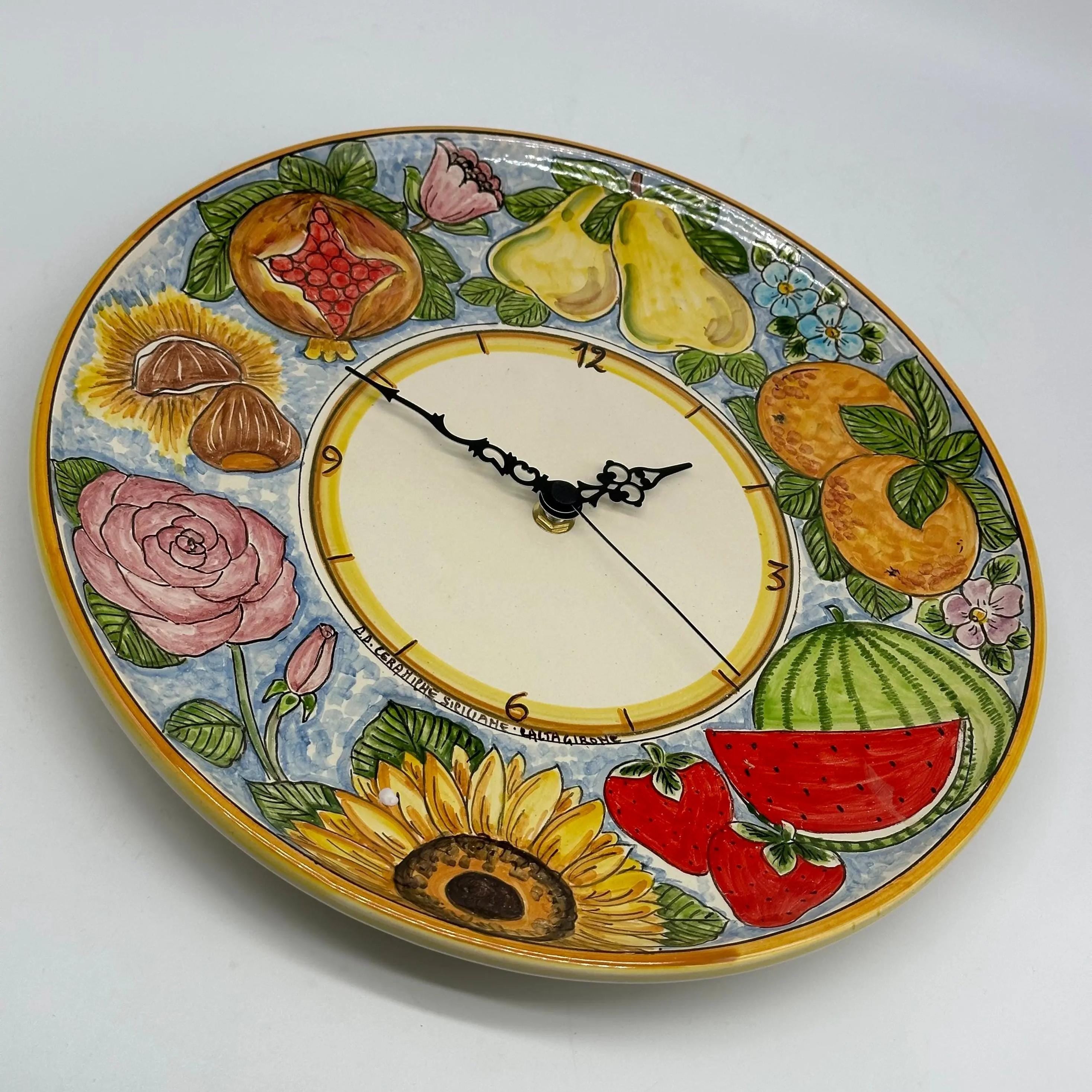 Orologio da Parete Ceramica Caltagirone Rotondo dipinto a mano cm D.30 Decoro n.12g DD CERAMICHE SICILIANE
