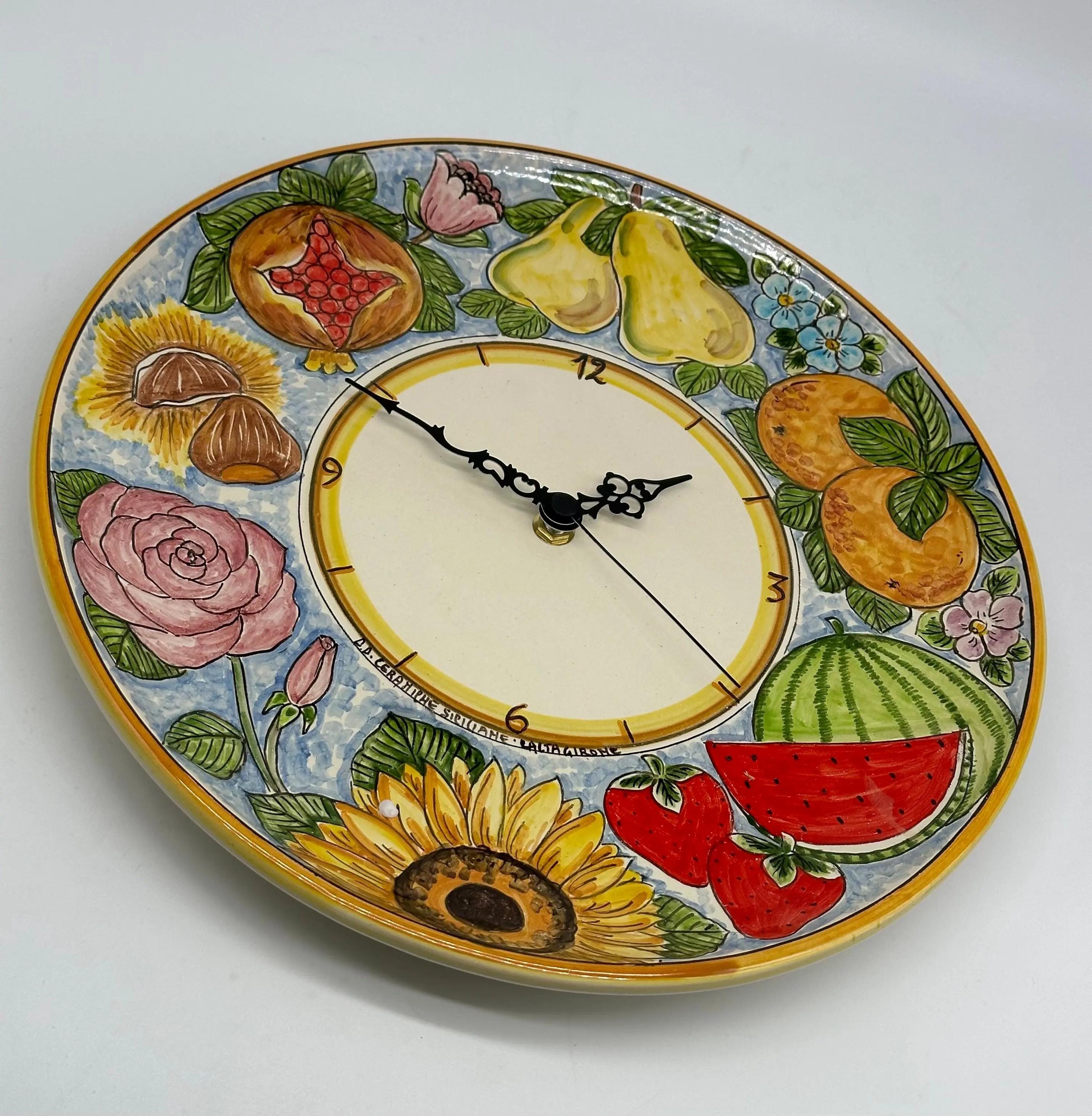 Orologio da Parete Ceramica Caltagirone Rotondo dipinto a mano cm D.30 Decoro n.12g DD CERAMICHE SICILIANE